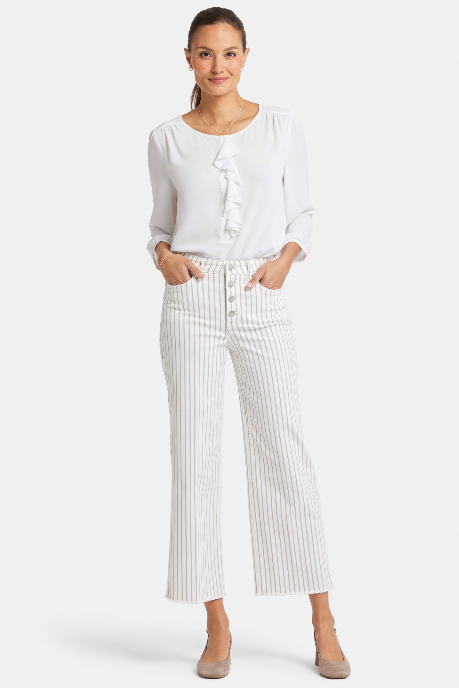 NYDJ Teresa Wide Leg Ankle Jeans With High Rise And Frayed Hems - Beach Cruise Stripe