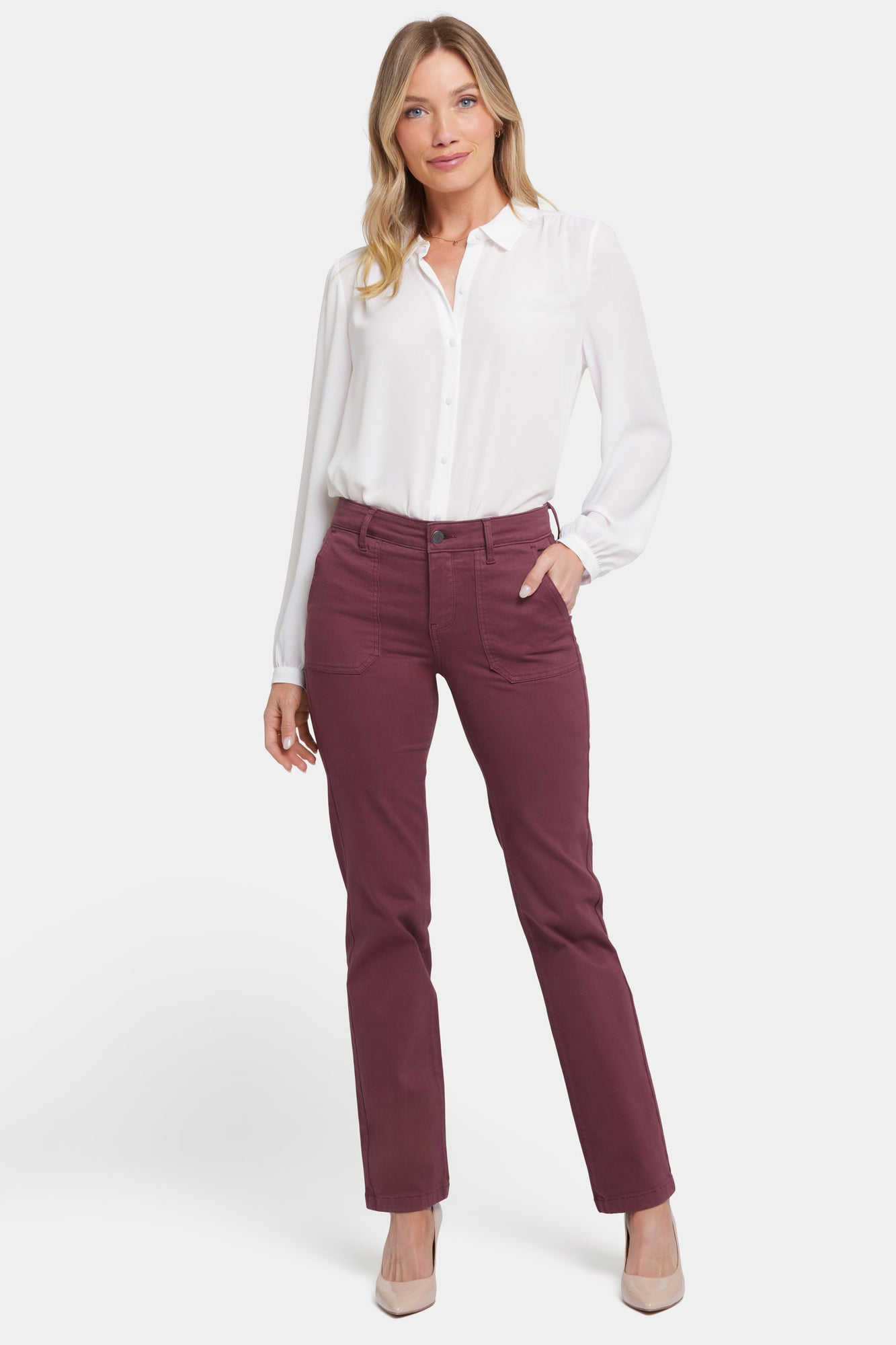 NYDJ Marilyn Straight Jeans  With Utility Pockets - Dark Cherry