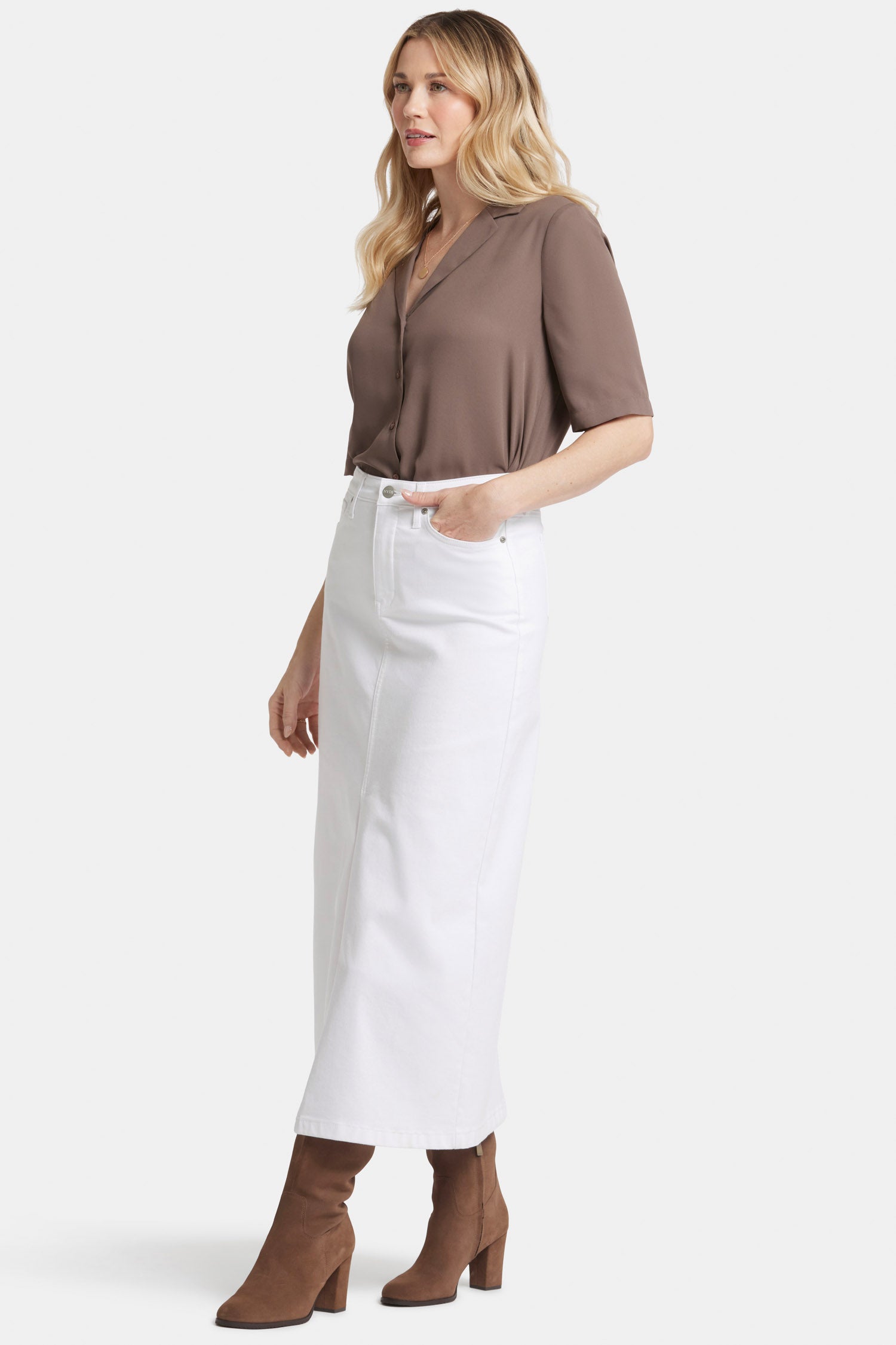 High Rise Long Skirt With Center Front Slit - Optic White White | NYDJ
