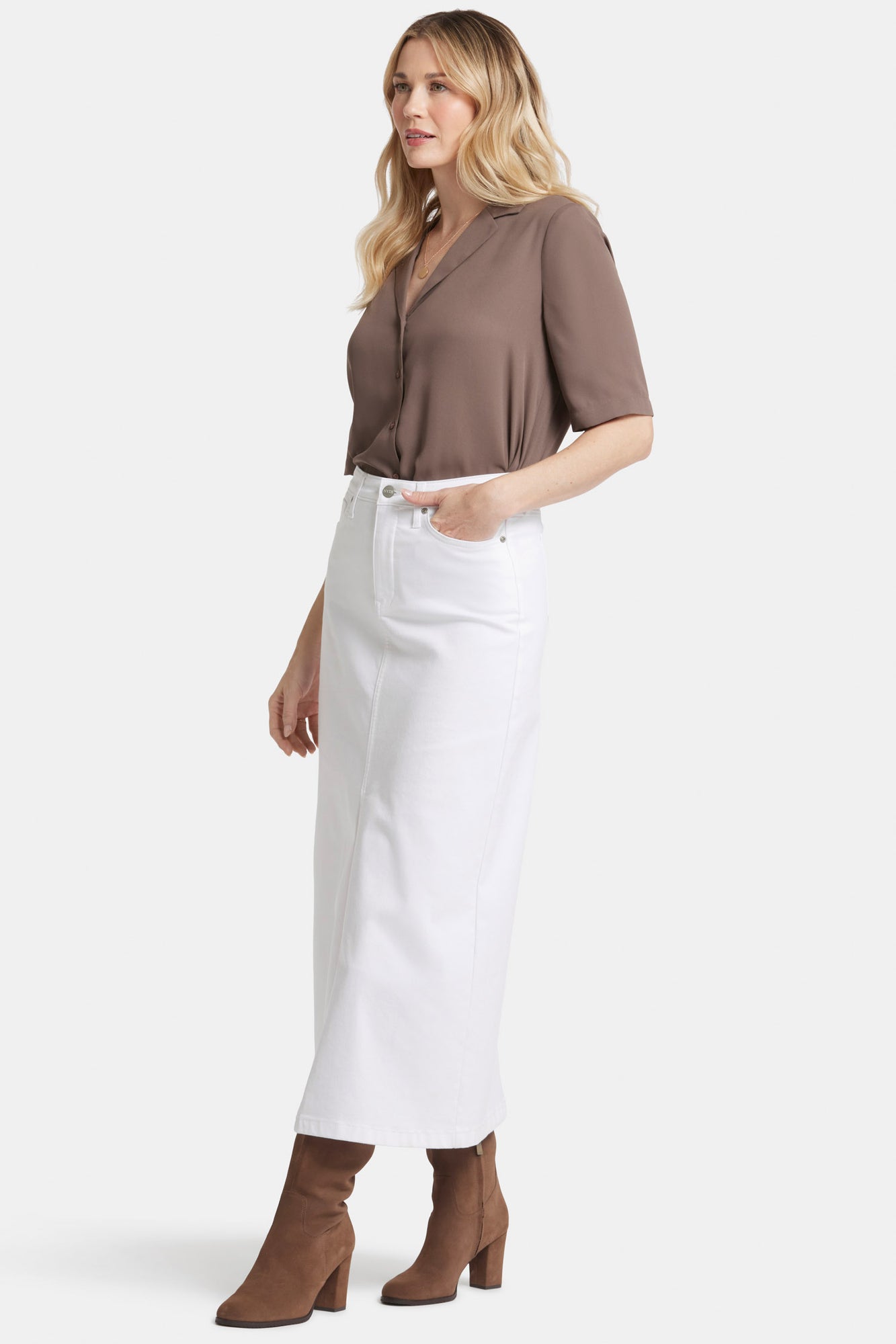NYDJ High Rise Long Skirt With Center Front Slit - Optic White