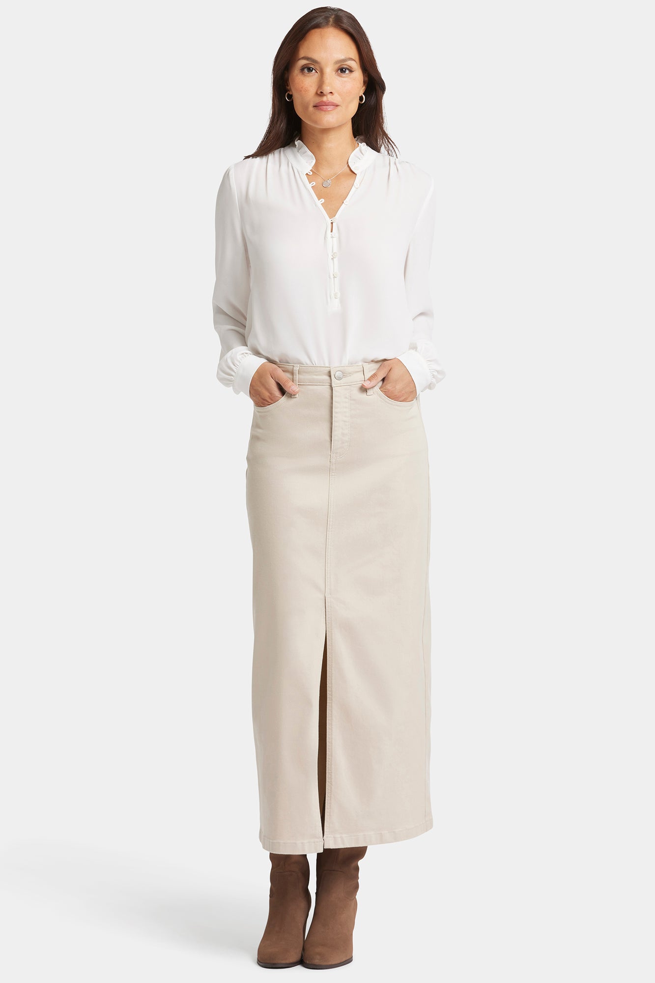 High Rise Long Skirt With Center Front Slit - Feather Tan | NYDJ