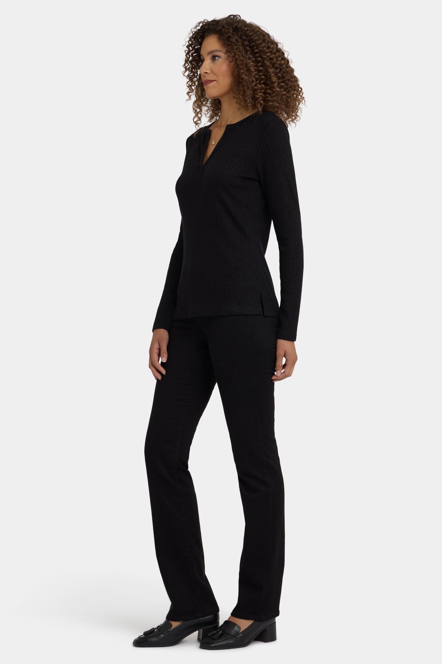 NYDJ Shimmer Rib Knit Henley Top  - Black