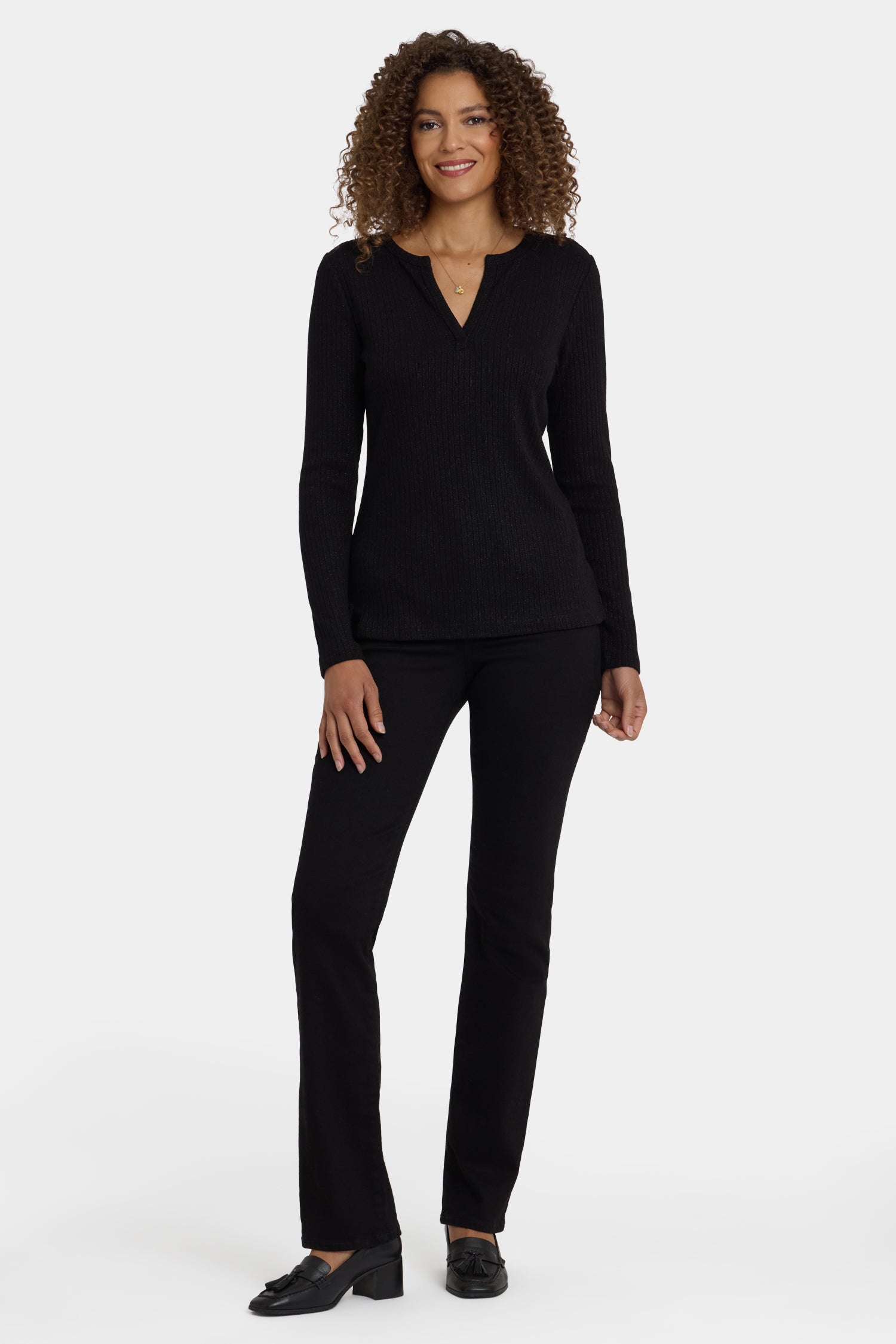 NYDJ Shimmer Rib Knit Henley Top  - Black