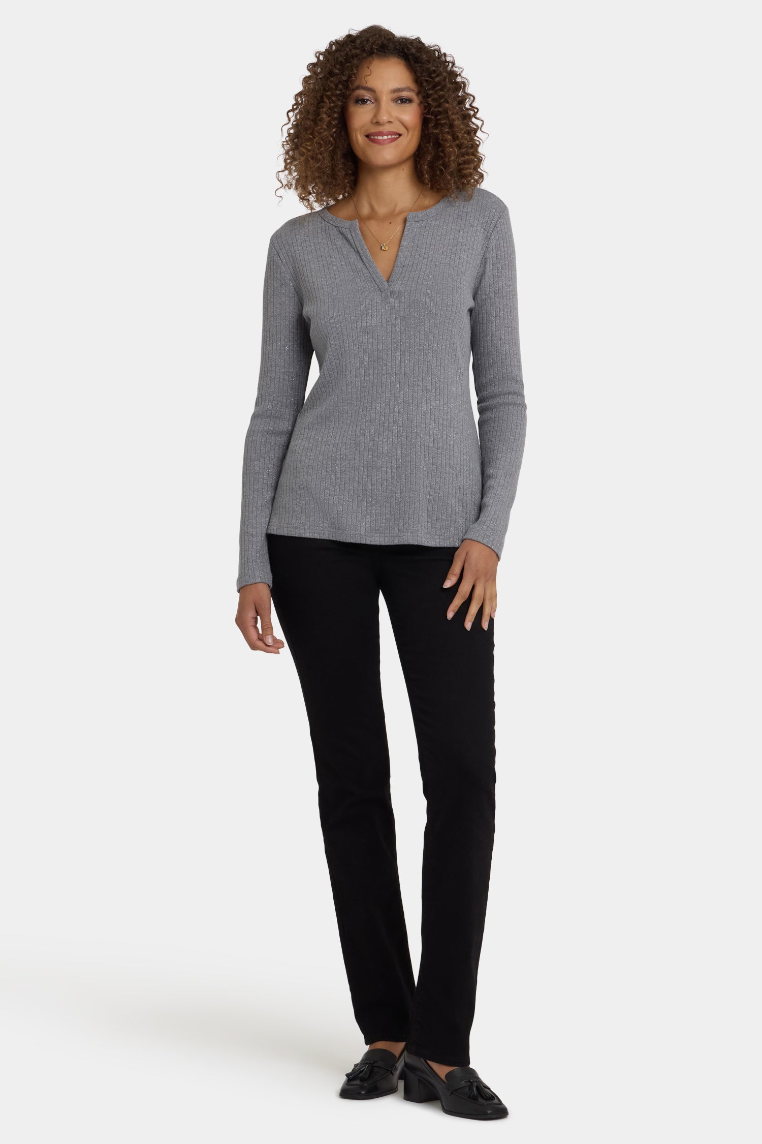 トップス Andwang Statement Ribbon Knit Top Gray Shimmer Rib Knit Henley Top - Heather Grey Grey | NYDJ
