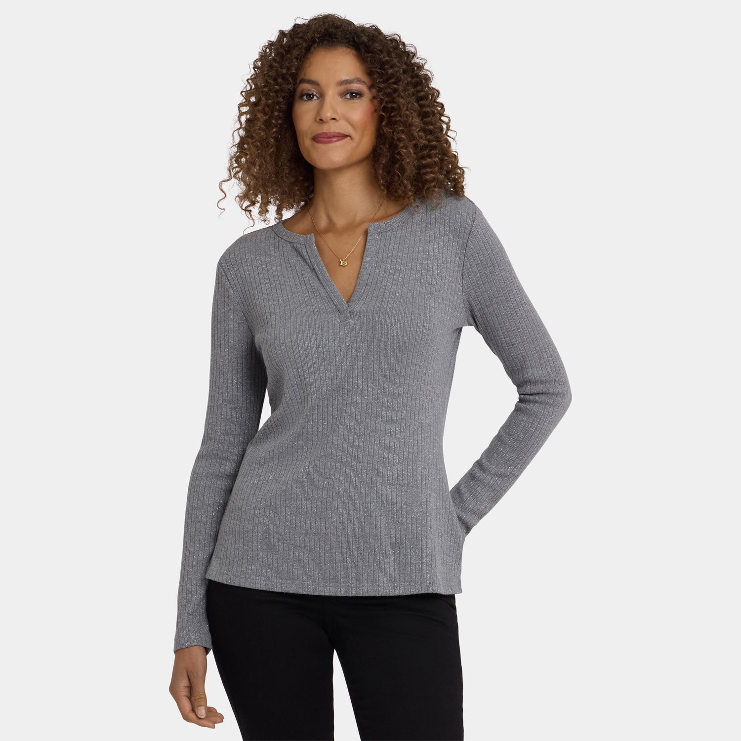 Shimmer Rib Knit Henley Top - Heather Grey Grey | NYDJ