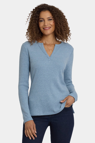 NYDJ Shimmer Rib Knit Henley Top  - Light Heather Blue