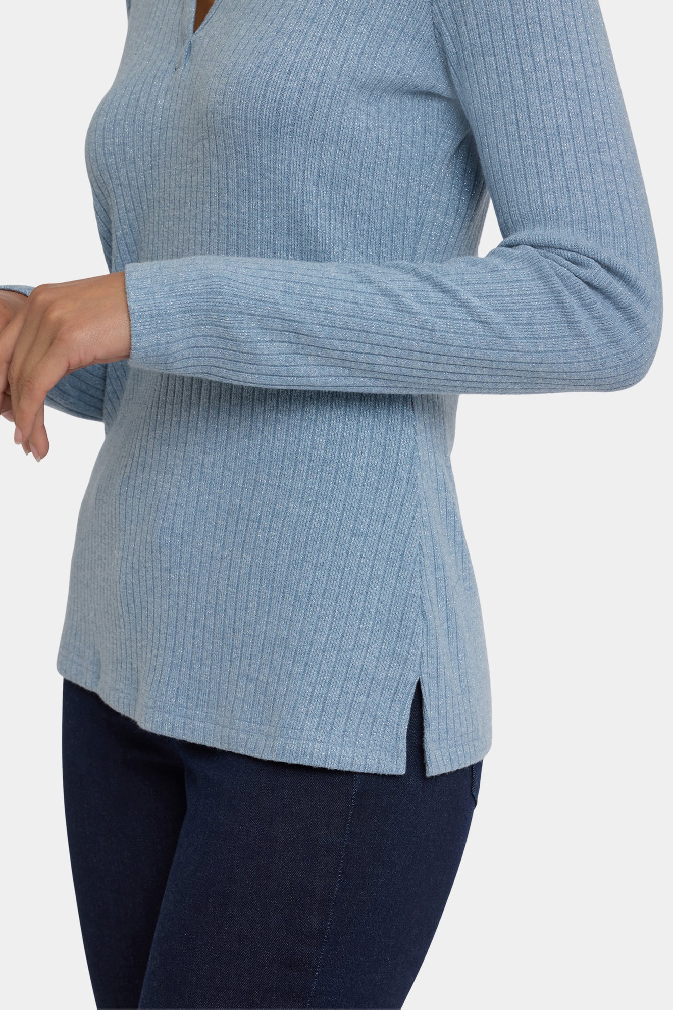 NYDJ Shimmer Rib Knit Henley Top  - Light Heather Blue