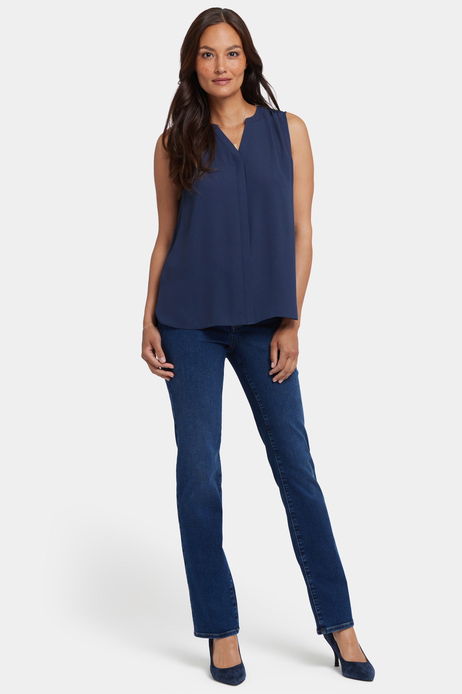 Sleeveless Pintuck Blouse - Oxford Navy Solid Colors | NYDJ