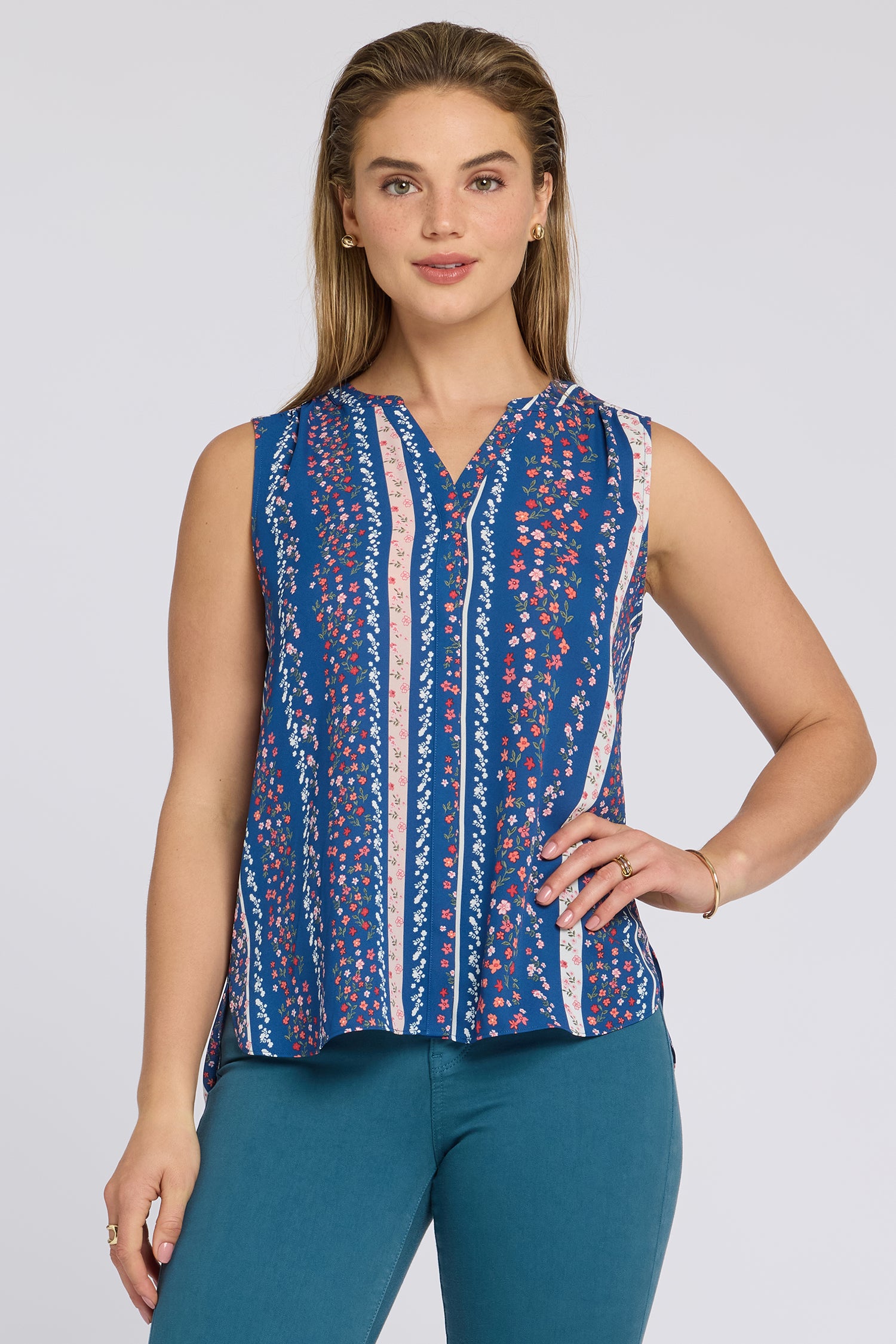 NYDJ Sleeveless Pintuck Blouse  - Floral Ribbons