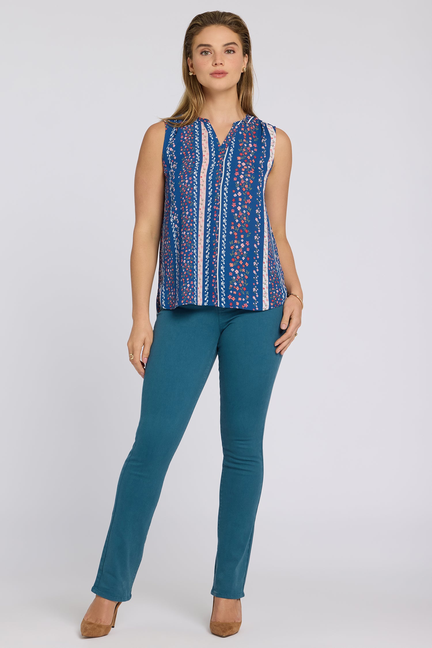 NYDJ Sleeveless Pintuck Blouse  - Floral Ribbons