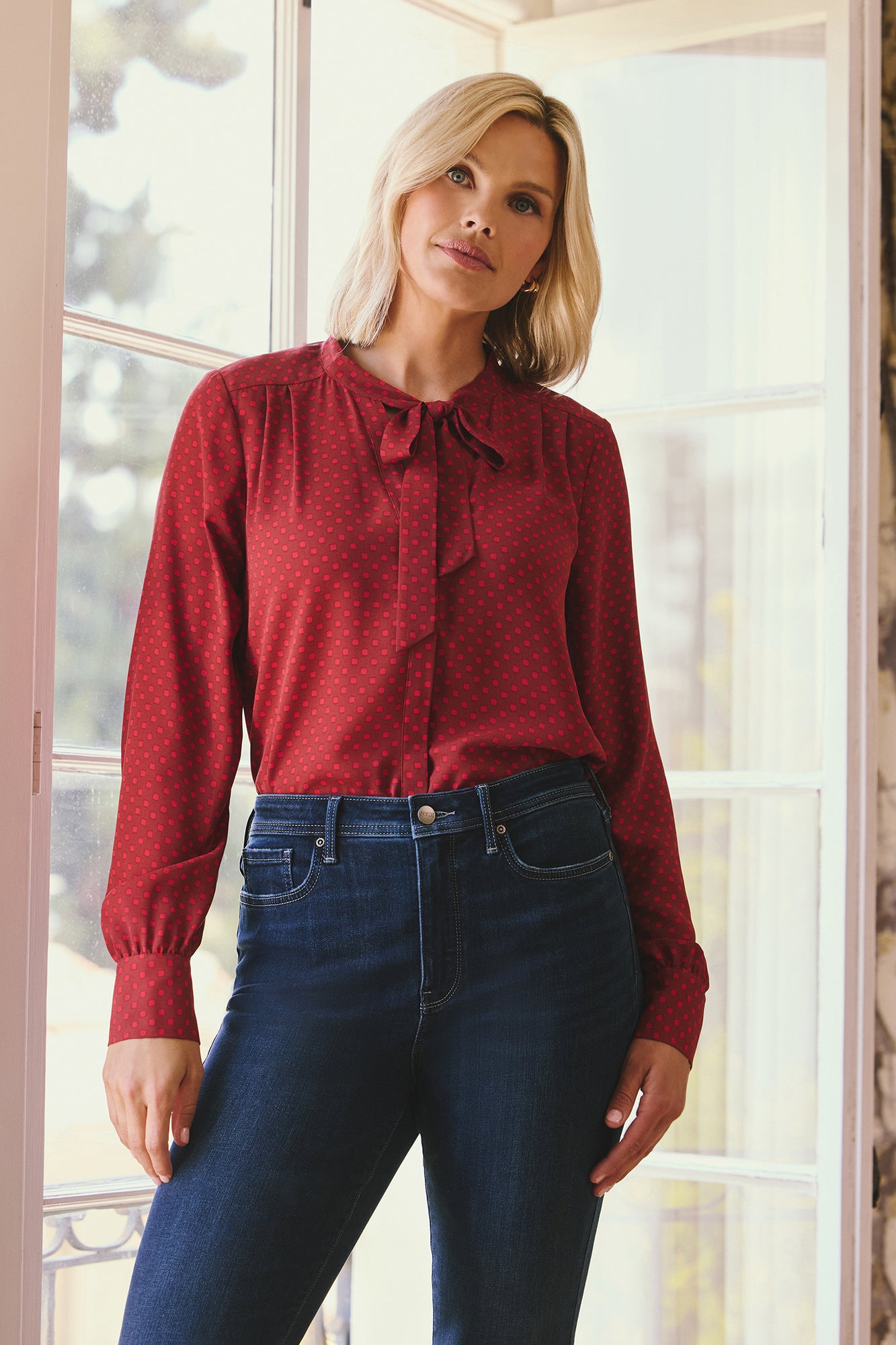 NYDJ Tie-Neck Blouse  - Claret Dots