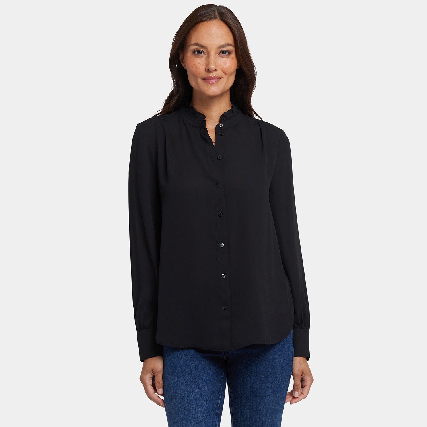 Ruffle Neck Blouse - Black Solid Colors | NYDJ