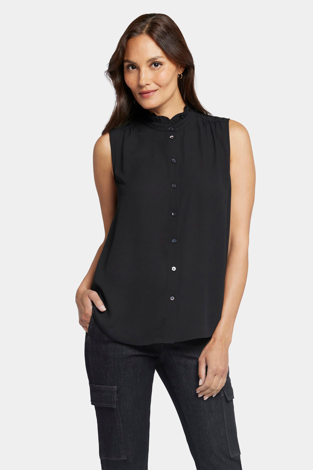 NYDJ Sleeveless Ruffle Neck Blouse  - Black