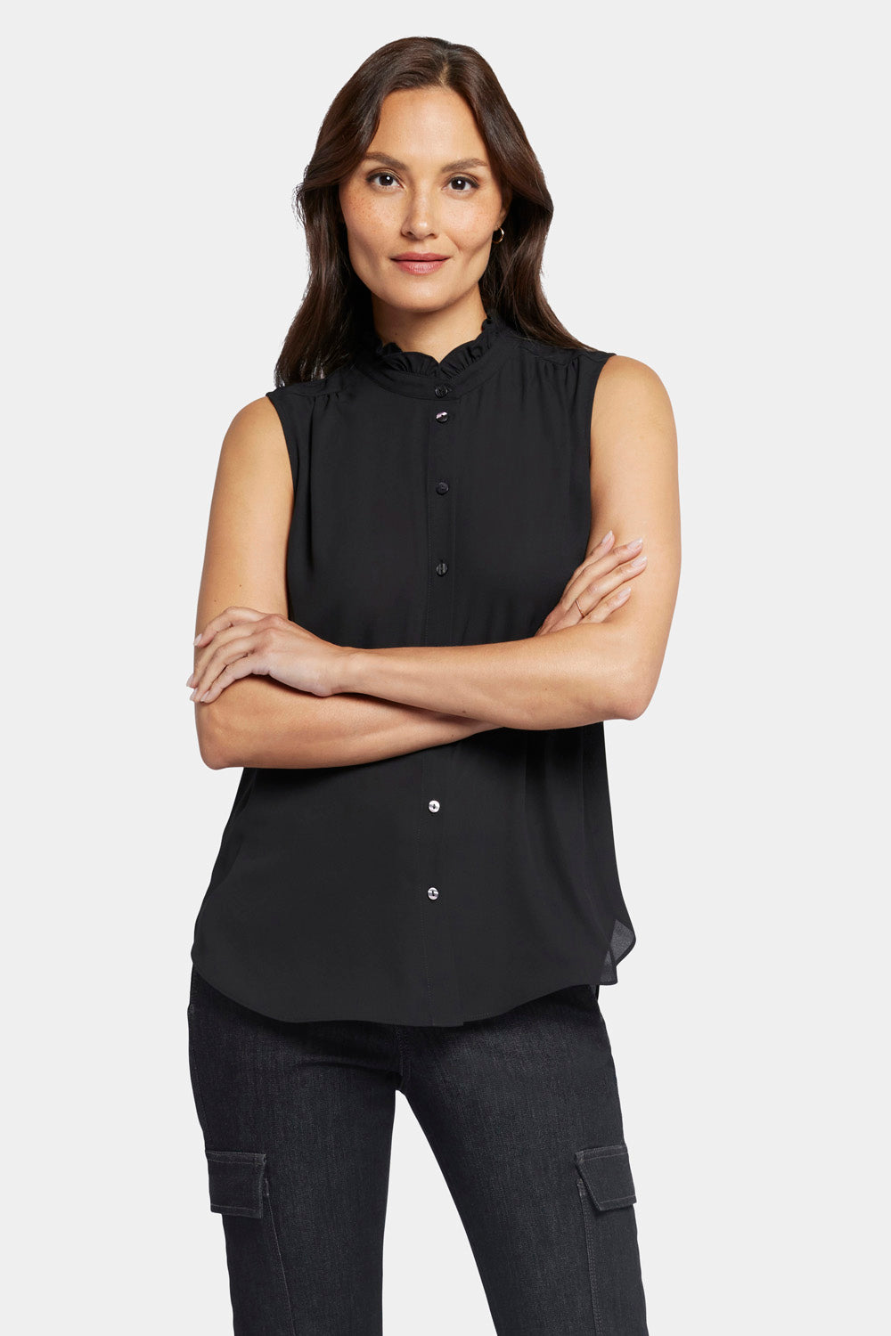 NYDJ Sleeveless Ruffle Neck Blouse  - Black