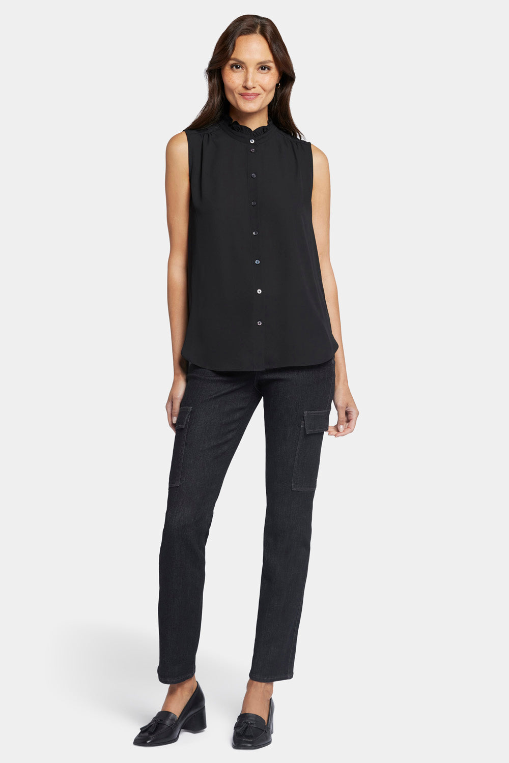 NYDJ Sleeveless Ruffle Neck Blouse  - Black