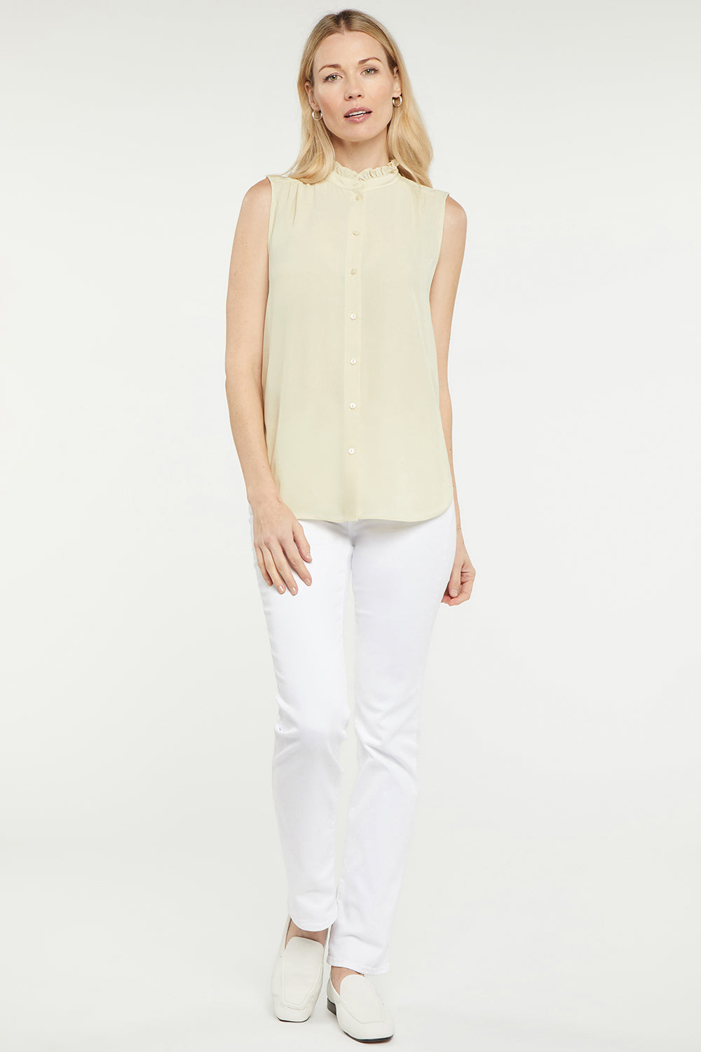 NYDJ Sleeveless Ruffle Neck Blouse  - Butter