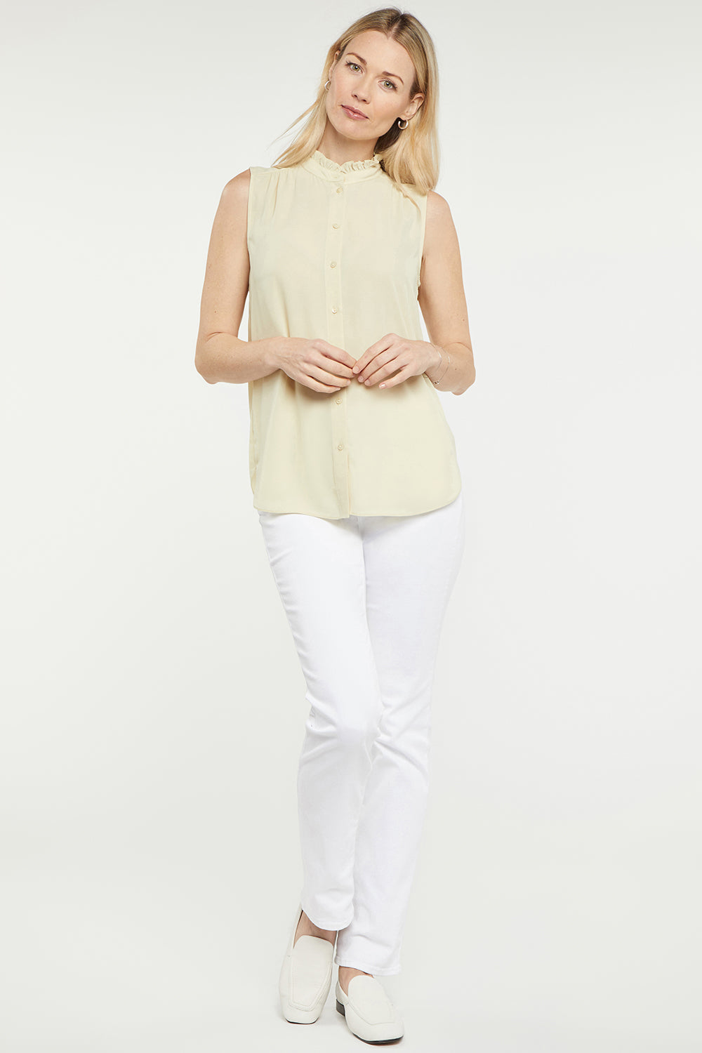 NYDJ Sleeveless Ruffle Neck Blouse  - Butter