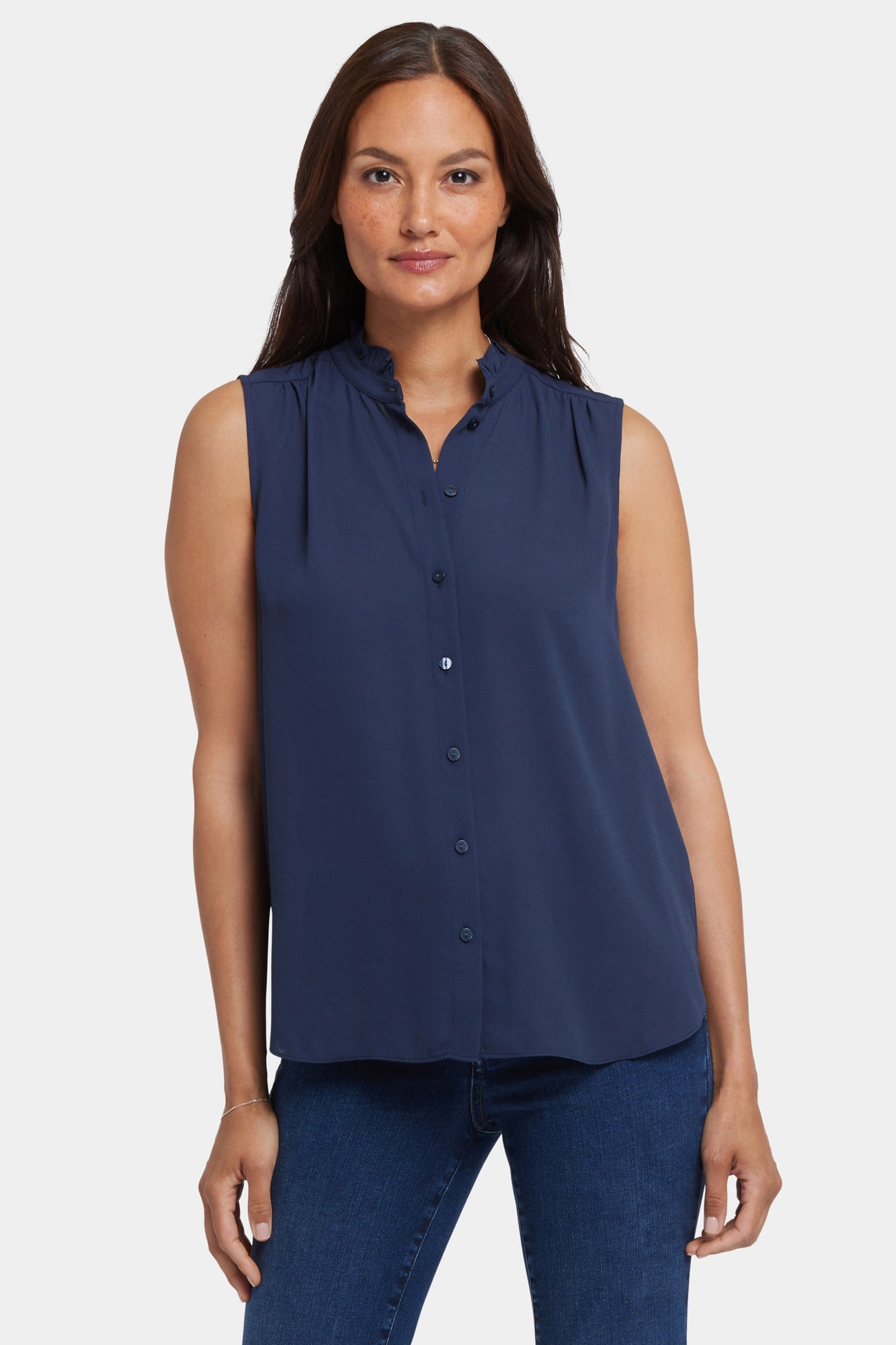 NYDJ Sleeveless Ruffle Neck Blouse  - Oxford Navy