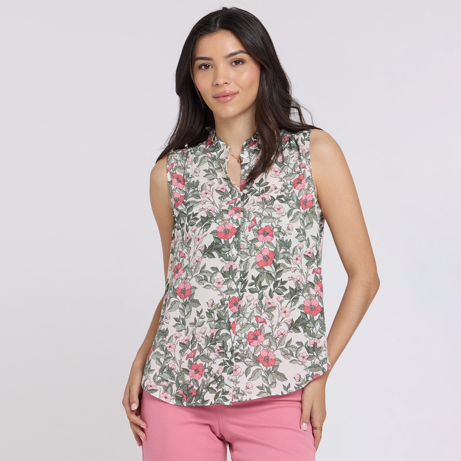 Sleeveless Ruffle Neck Blouse - Primrose Garden Pink | NYDJ