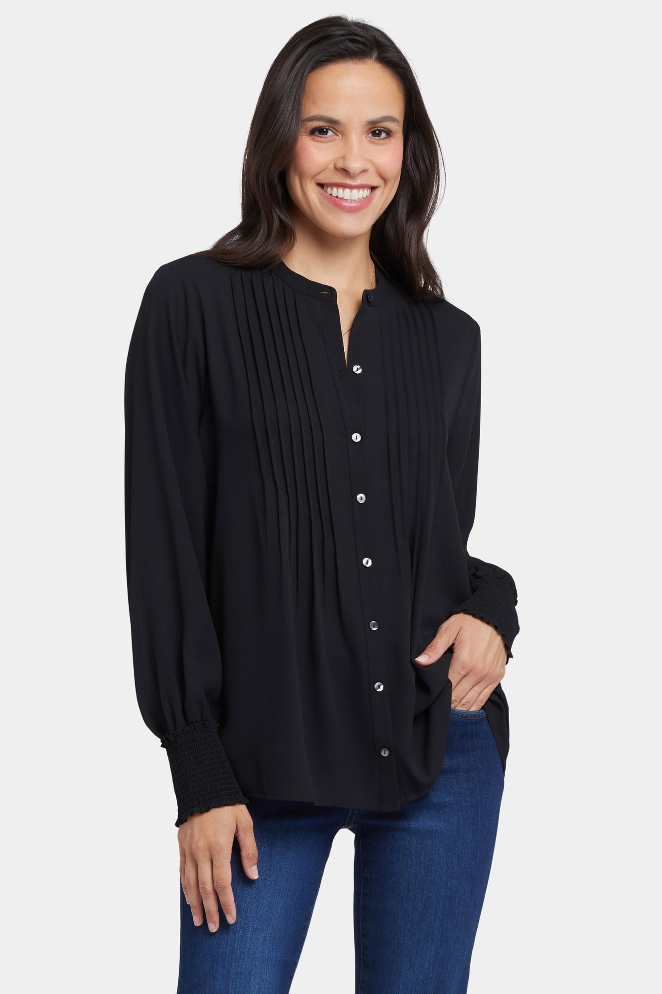 NYDJ Pleated Peasant Blouse  - Black