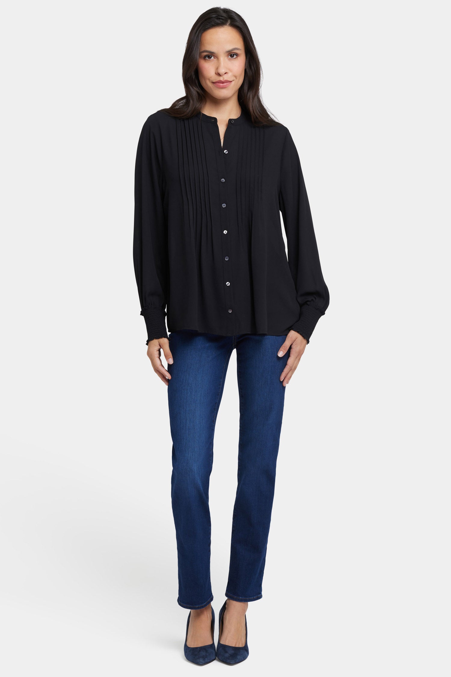 Pleated Peasant Blouse - Black Solid Colors | NYDJ