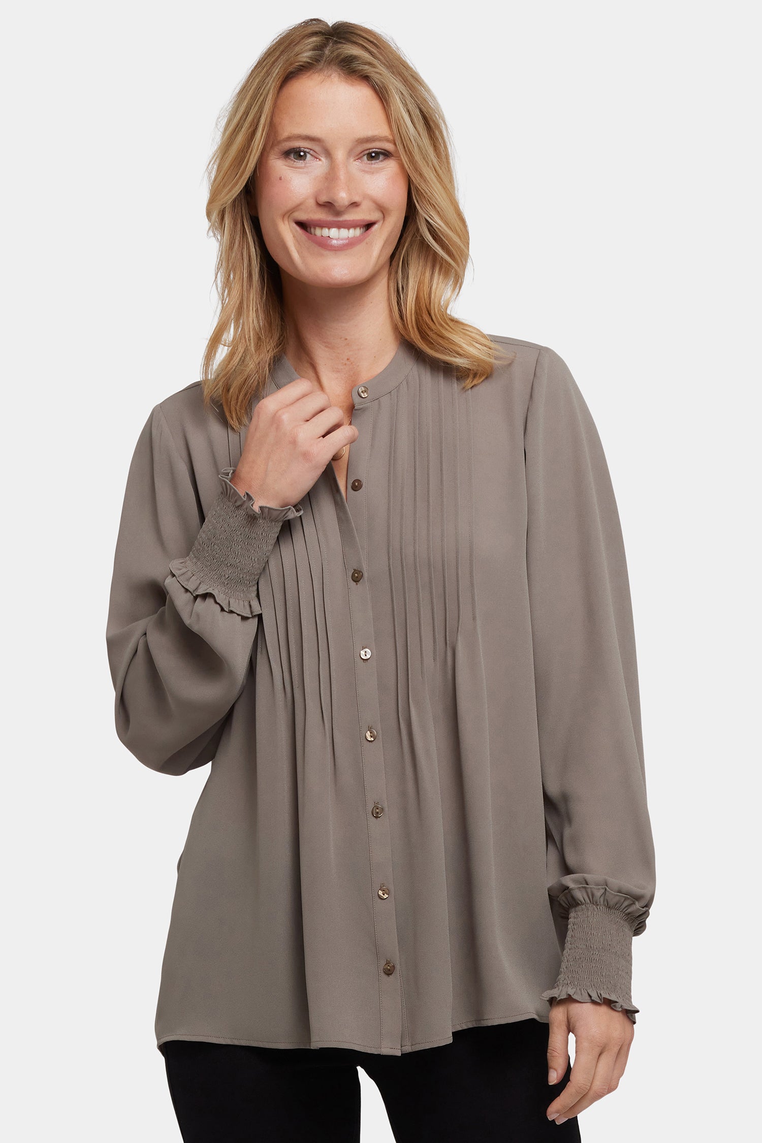 NYDJ Pleated Peasant Blouse  - Dark Wood