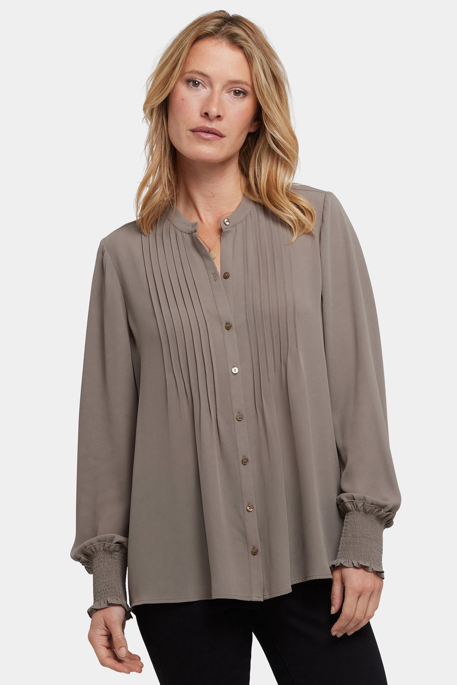 Pleated Peasant Blouse - Dark Wood Tan | NYDJ