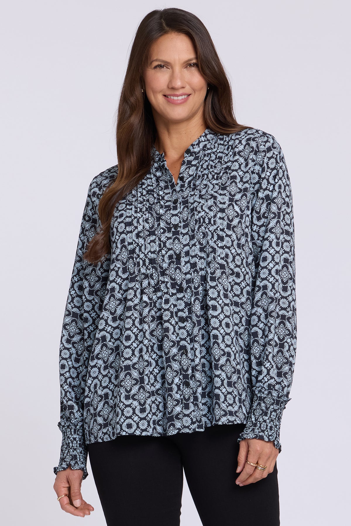 NYDJ Pleated Peasant Blouse  - Angelika Navy