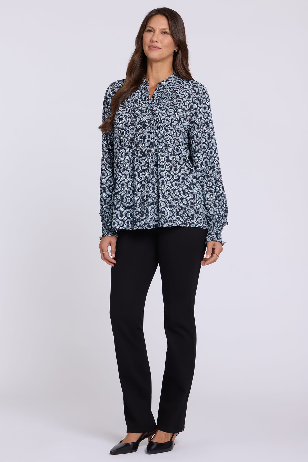NYDJ Pleated Peasant Blouse  - Angelika Navy