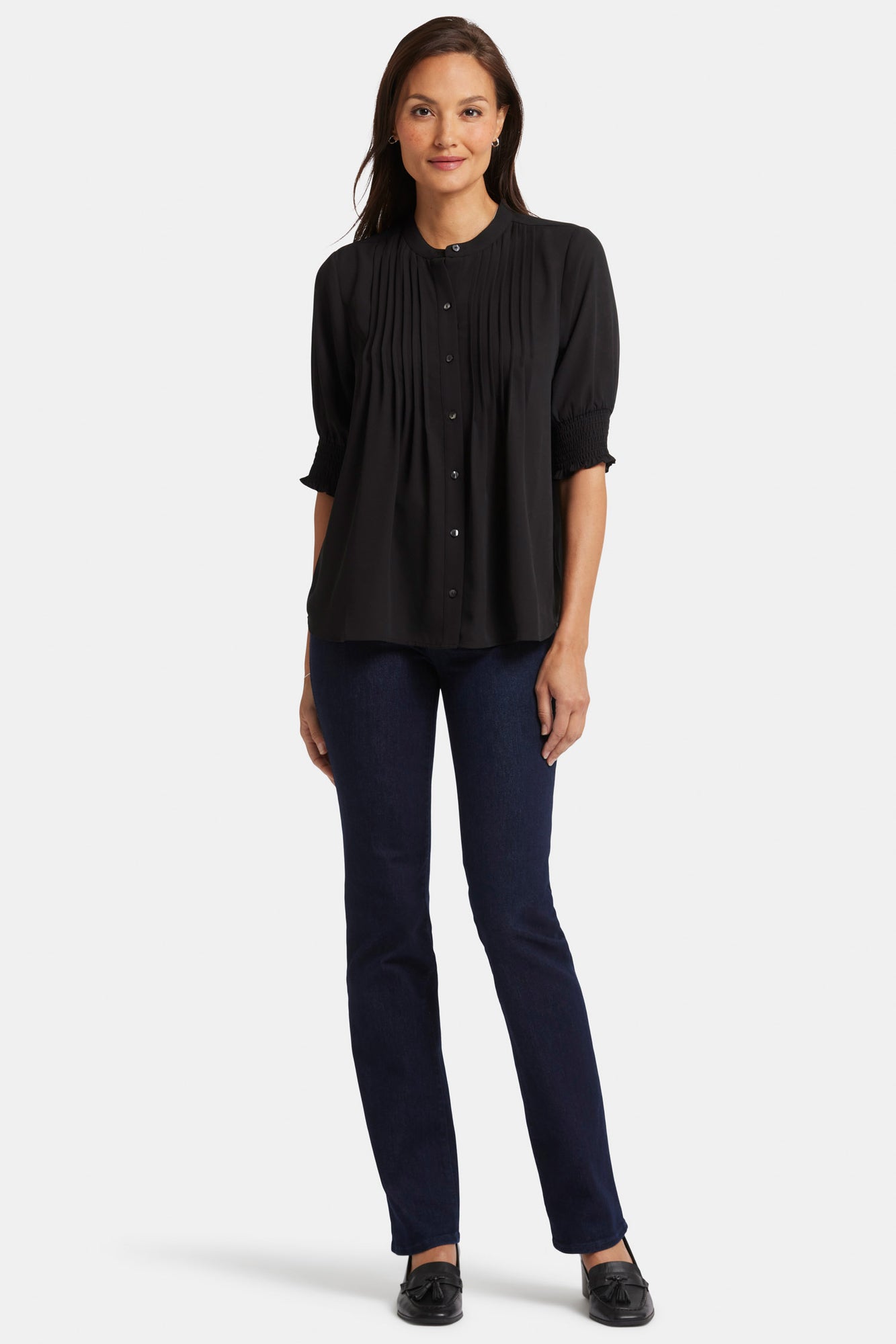 NYDJ Pleated Short Sleeved Blouse  - Black