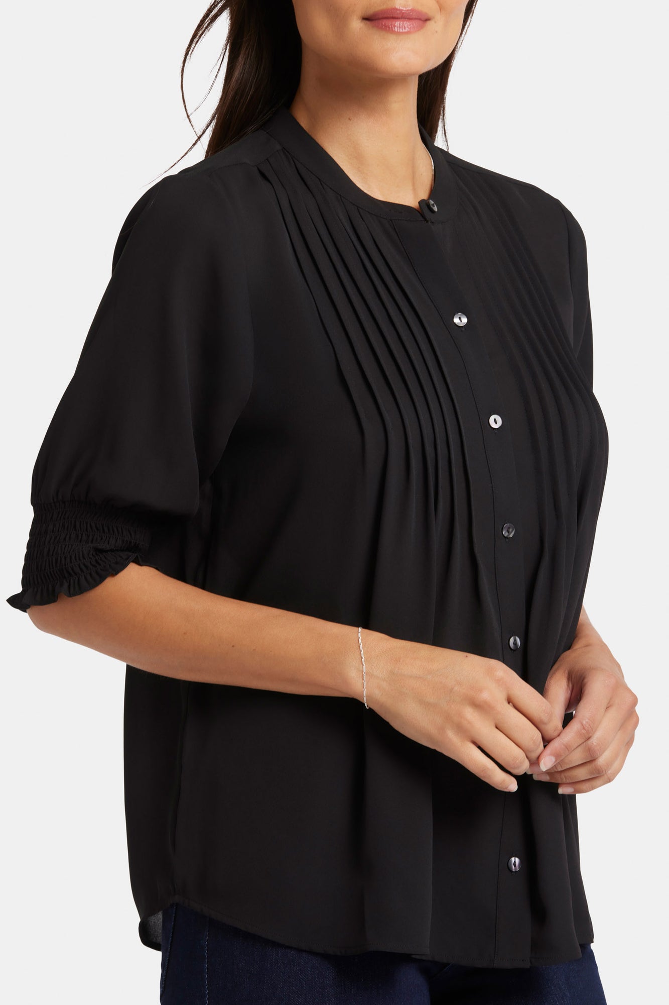 NYDJ Pleated Short Sleeved Blouse  - Black