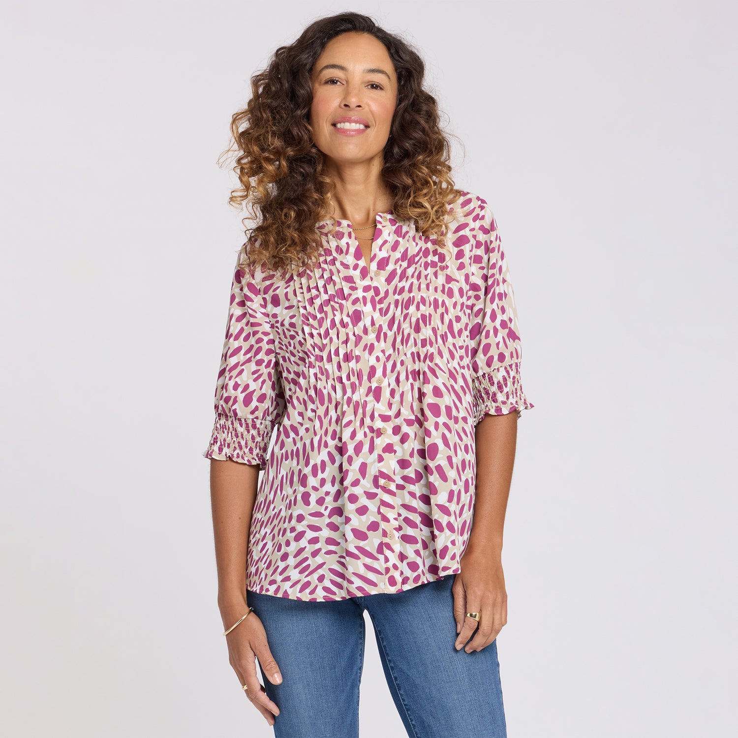 Pleated Short Sleeved Blouse - Sandcastles Pink | NYDJ