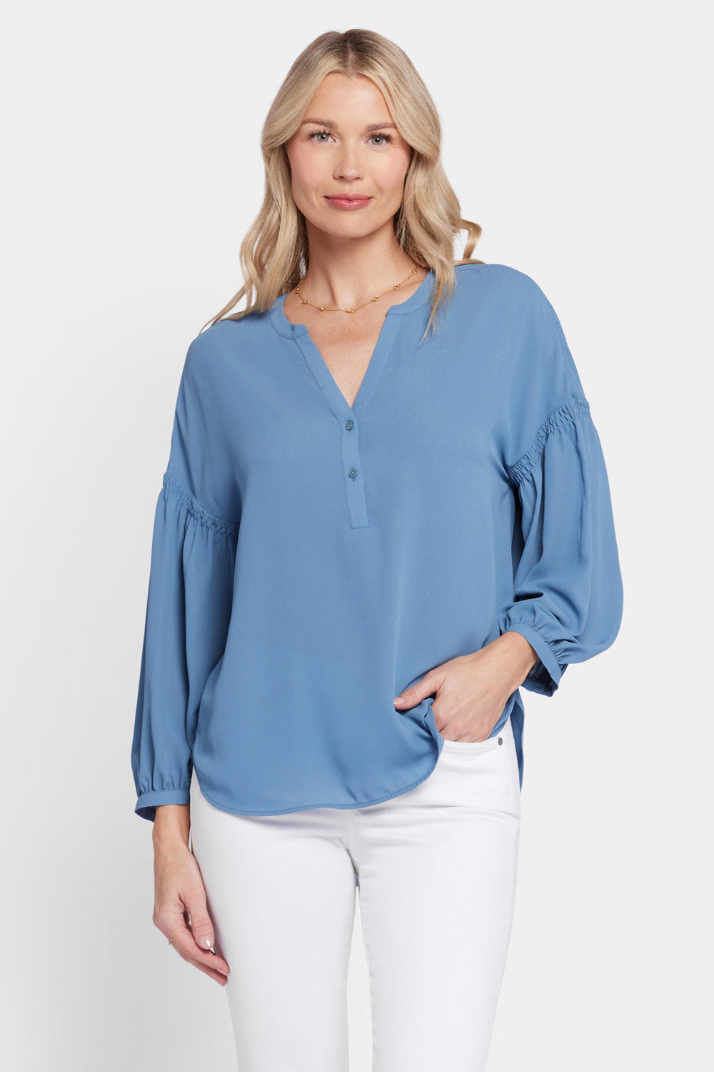 Paulina Peasant Blouse - Blue Stone Solids | NYDJ