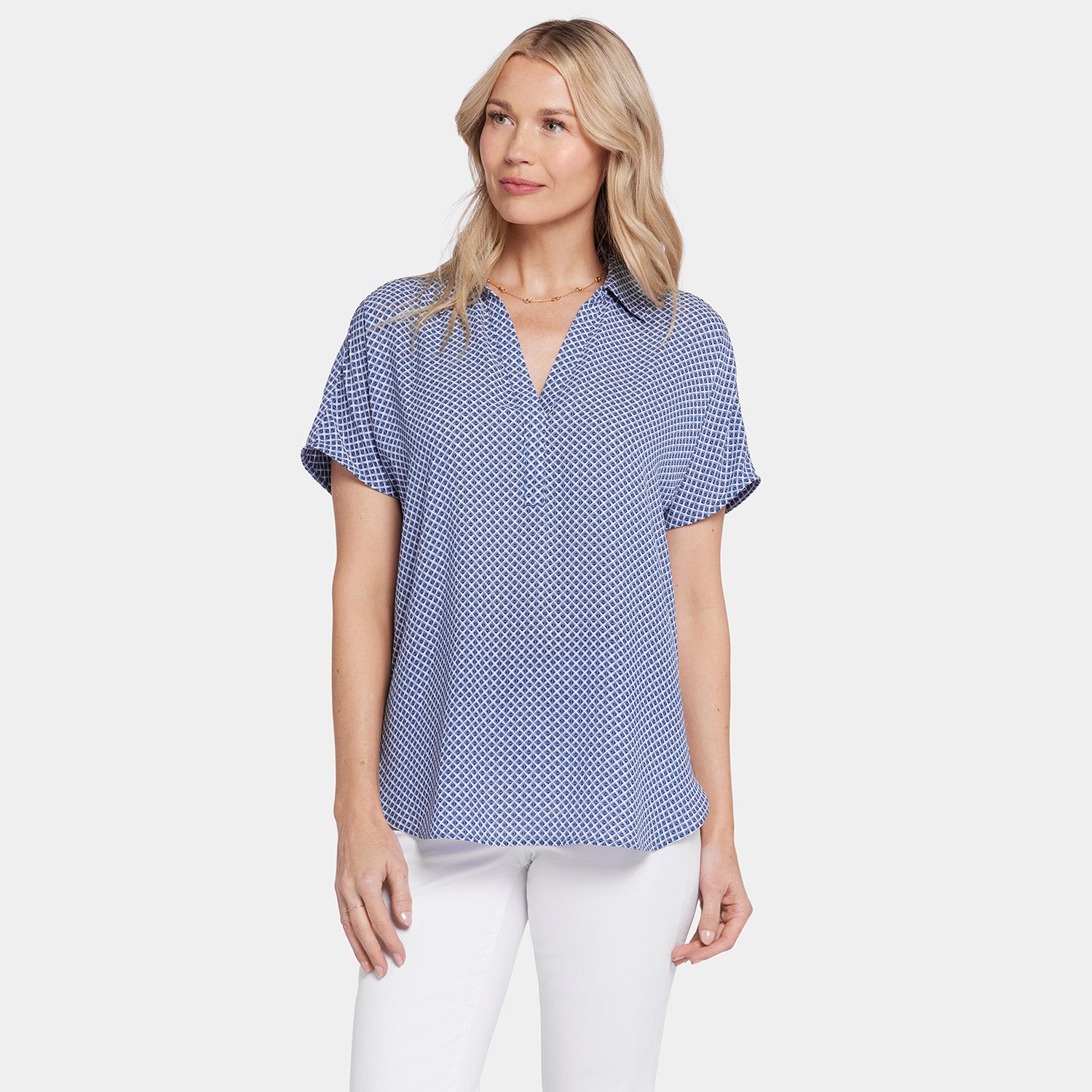 Becky Short Sleeved Blouse - Heritage Geo Prussian Navy Prints | NYDJ