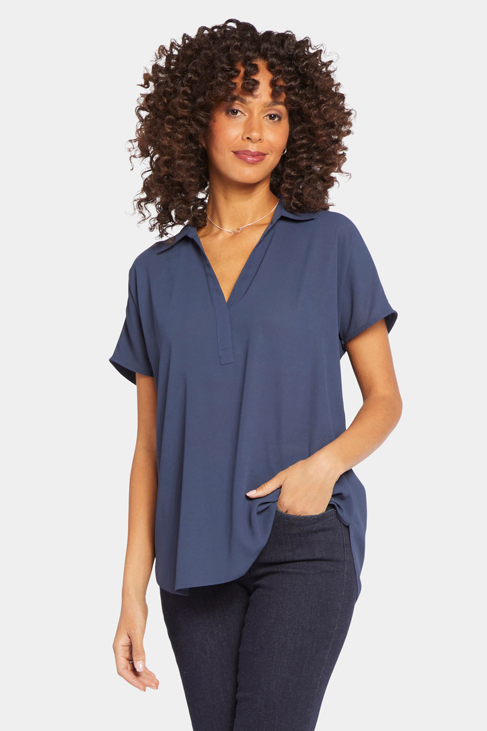 Becky Short Sleeved Blouse - Oxford Navy Blue | NYDJ