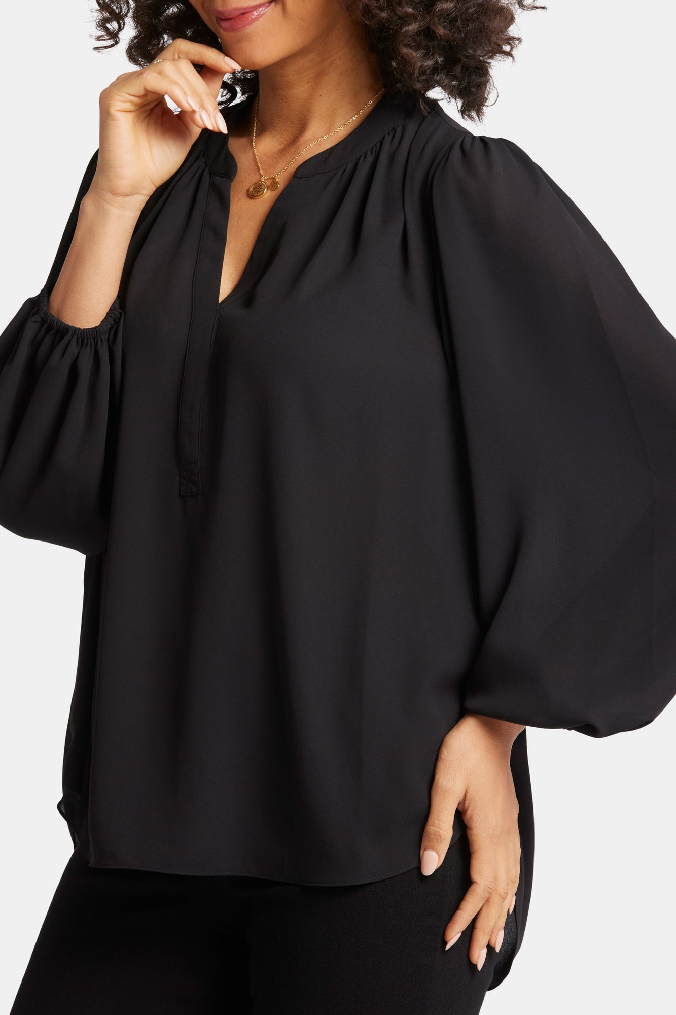 Puff Sleeve Popover Top - Black Solid Colors | NYDJ