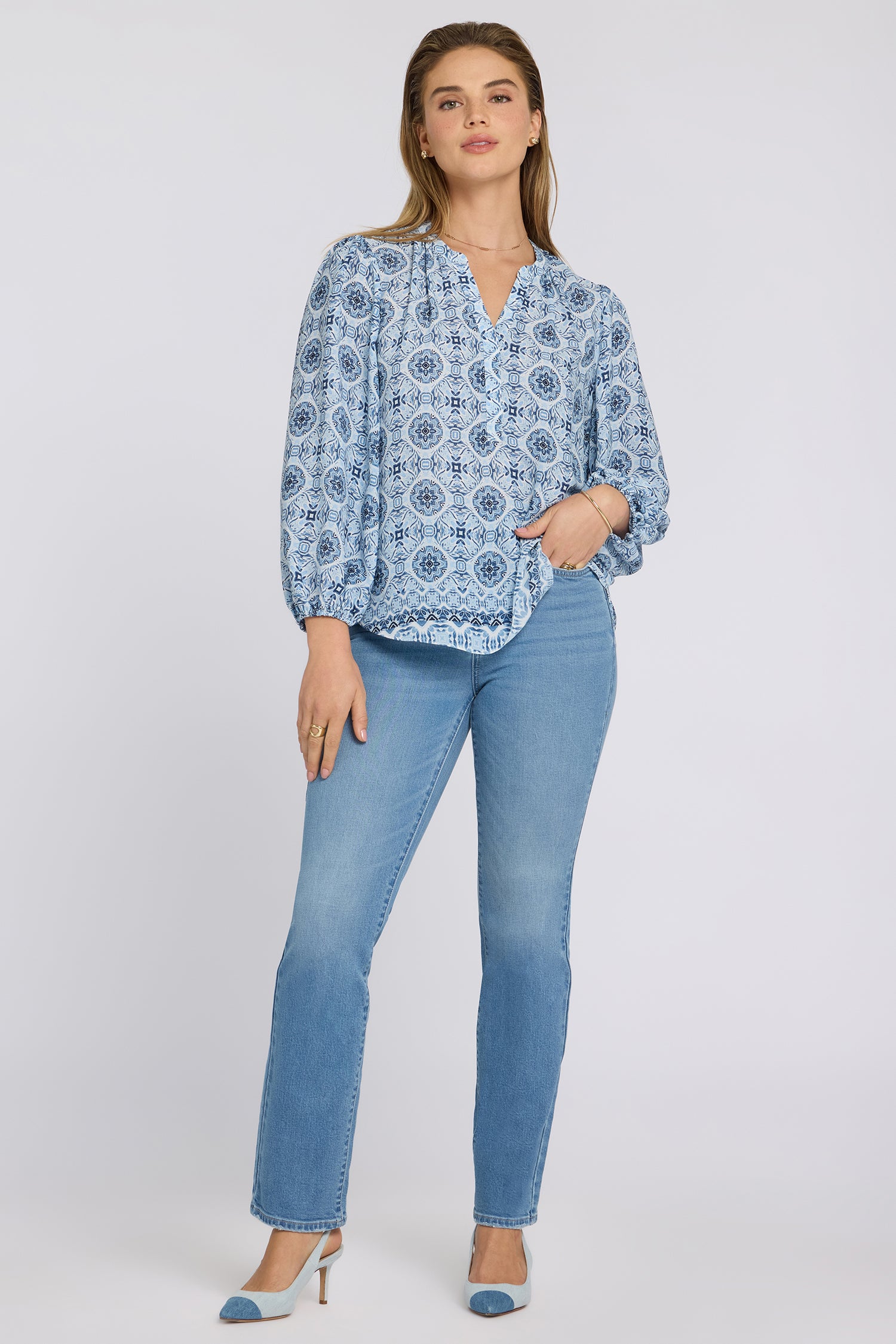 Puff Sleeved Popover Top - Azure Sky Multi | NYDJ