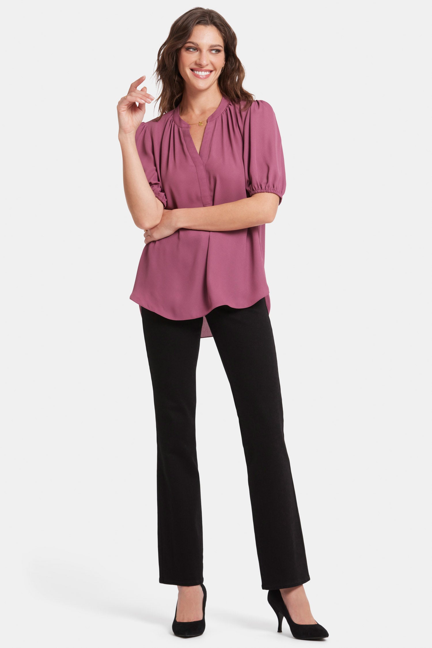 Short Puff Sleeve Popover Top - Crushed Berry Solid Colors