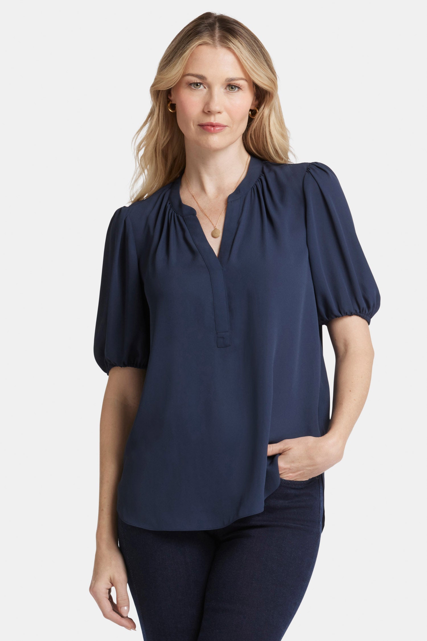 NYDJ Short Puff Sleeve Popover Top  - Oxford Navy