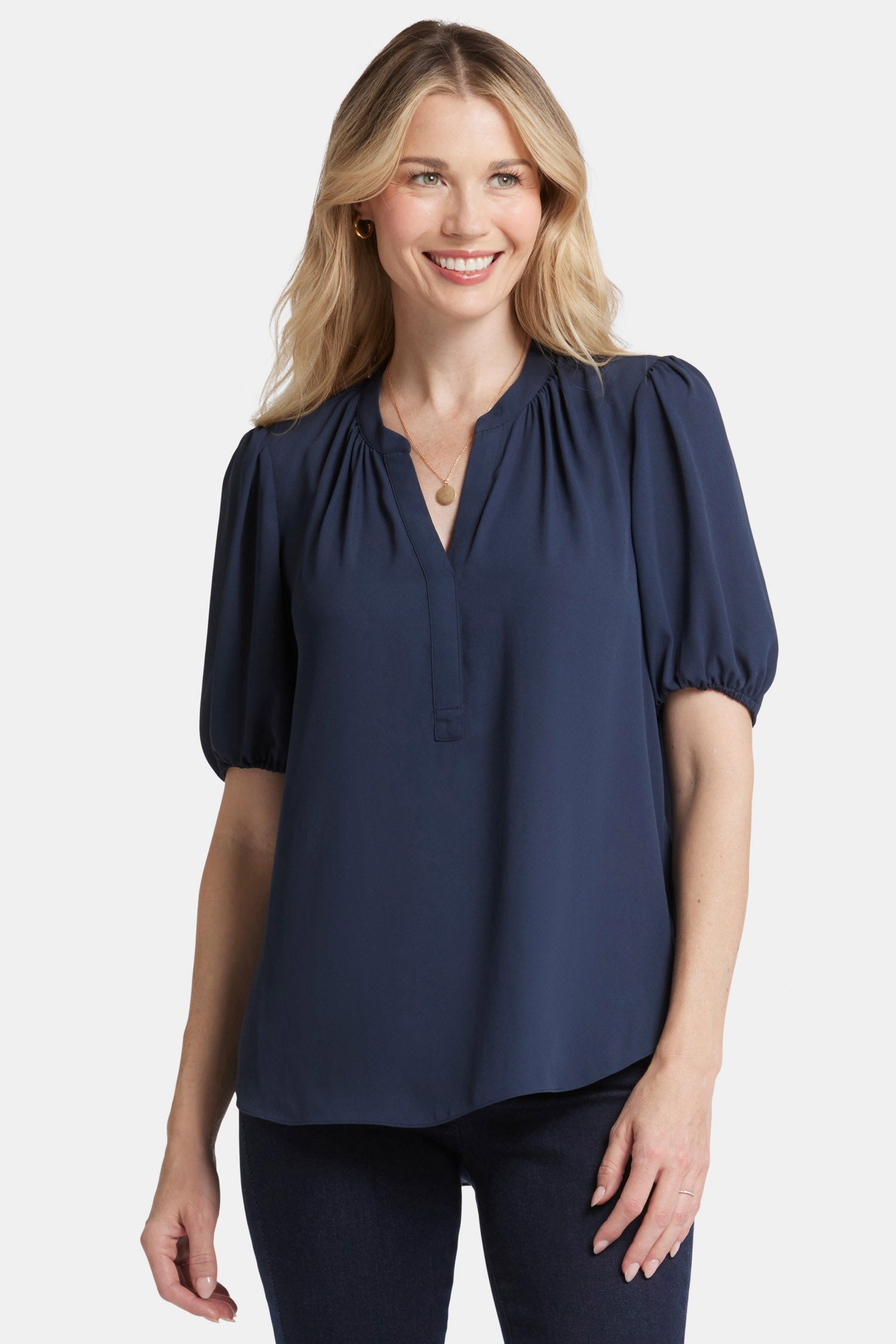Short Puff Sleeve Popover Top - Oxford Navy Solids | NYDJ