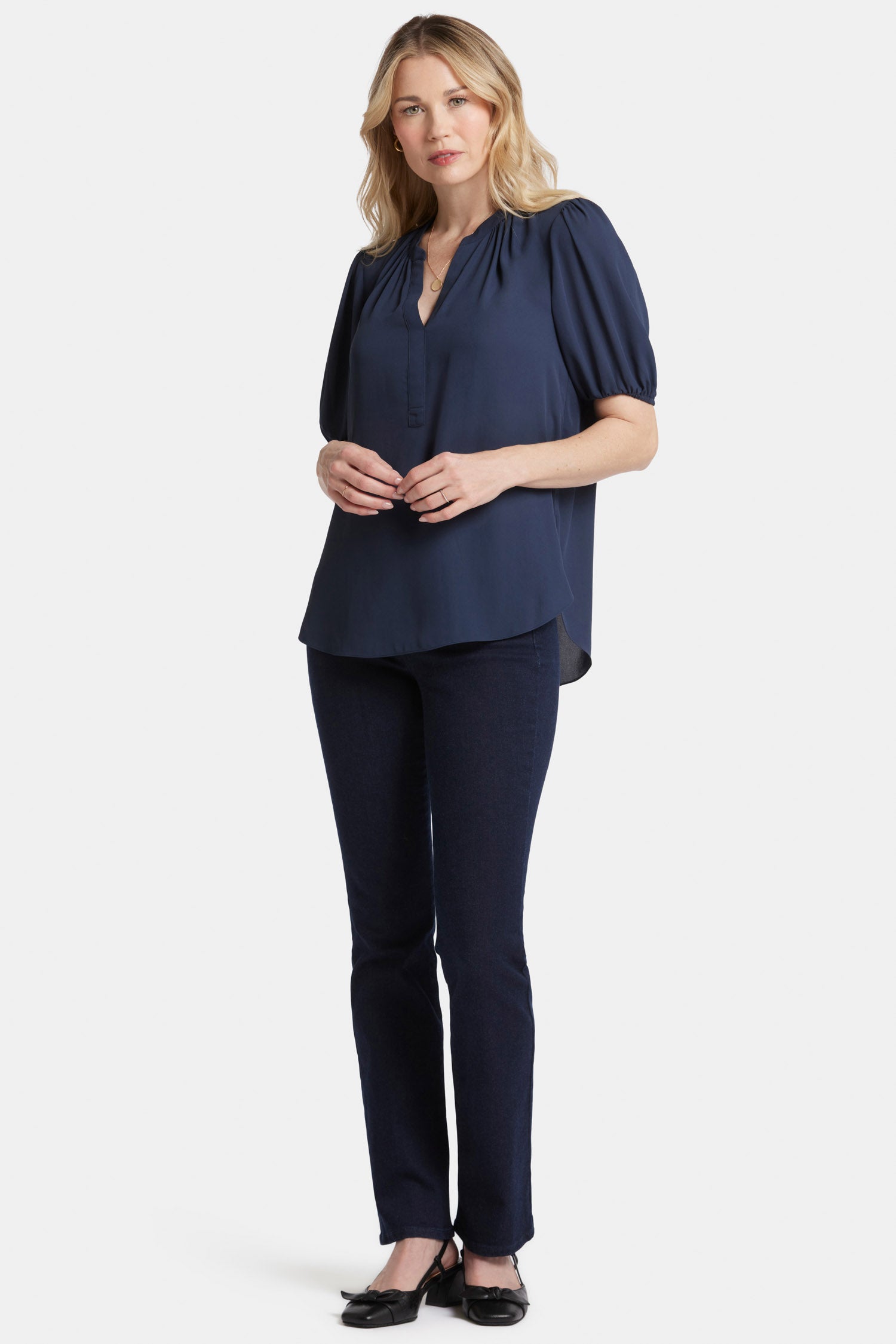 NYDJ Short Puff Sleeve Popover Top  - Oxford Navy