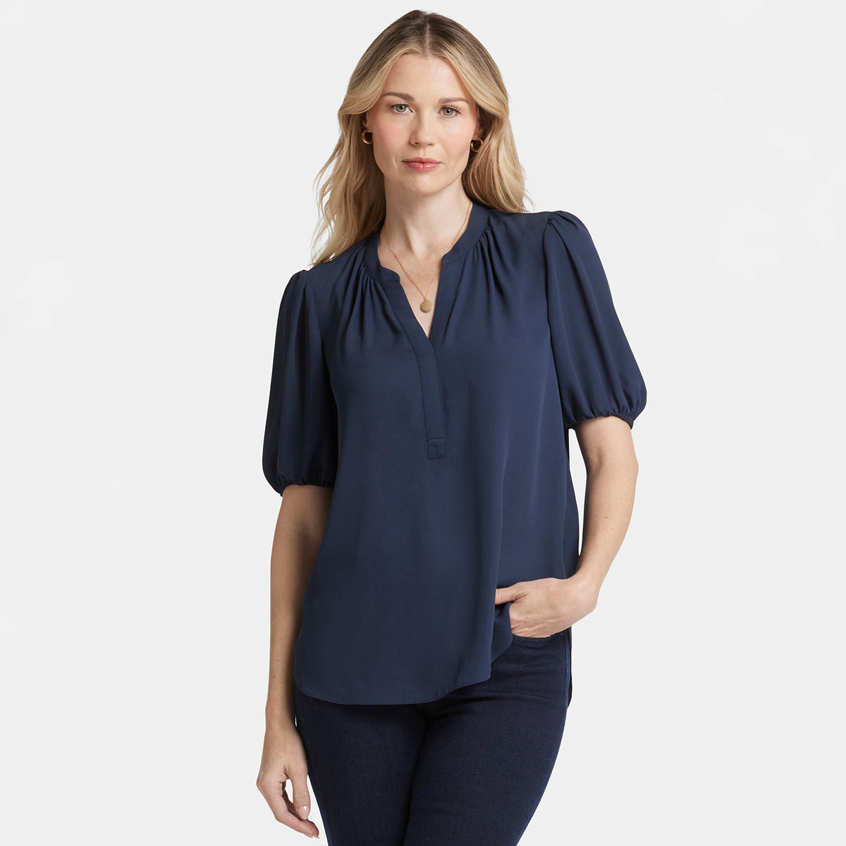 Short Puff Sleeve Popover Top - Oxford Navy Solid Colors | NYDJ