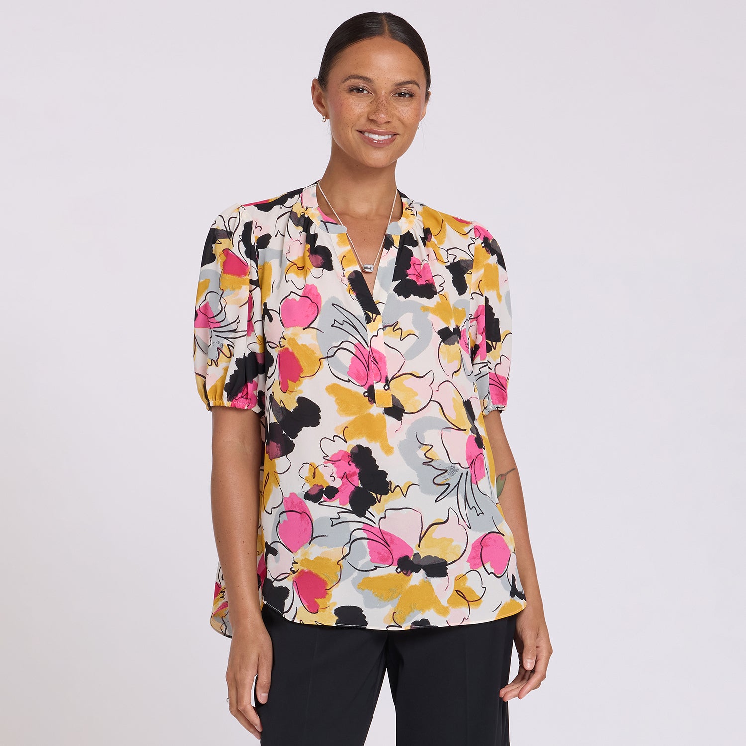 Short Puff Sleeved Popover Top - Floral Ballet Multi | NYDJ