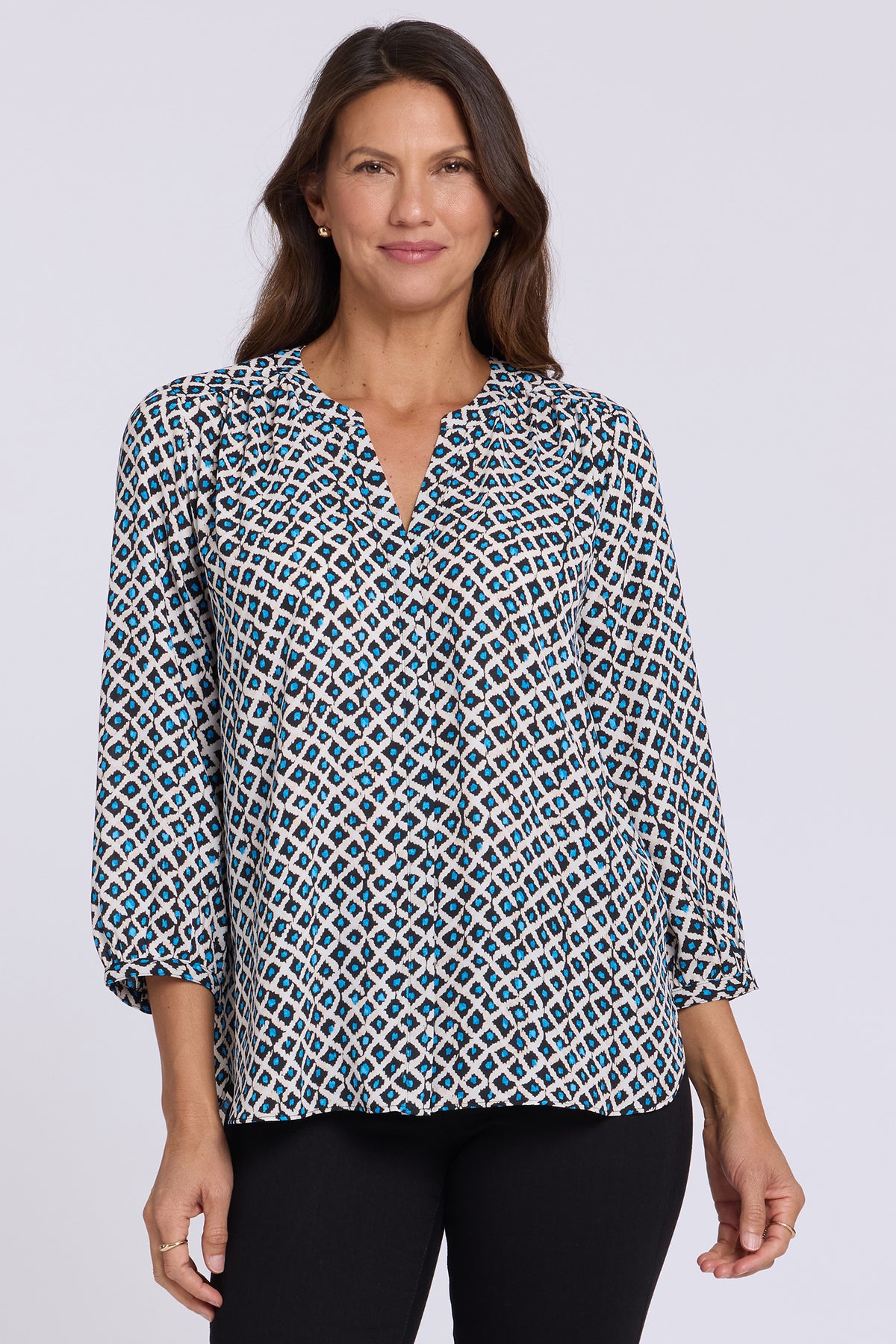 NYDJ Pintuck Blouse  - Lattice Geo Blue Bay