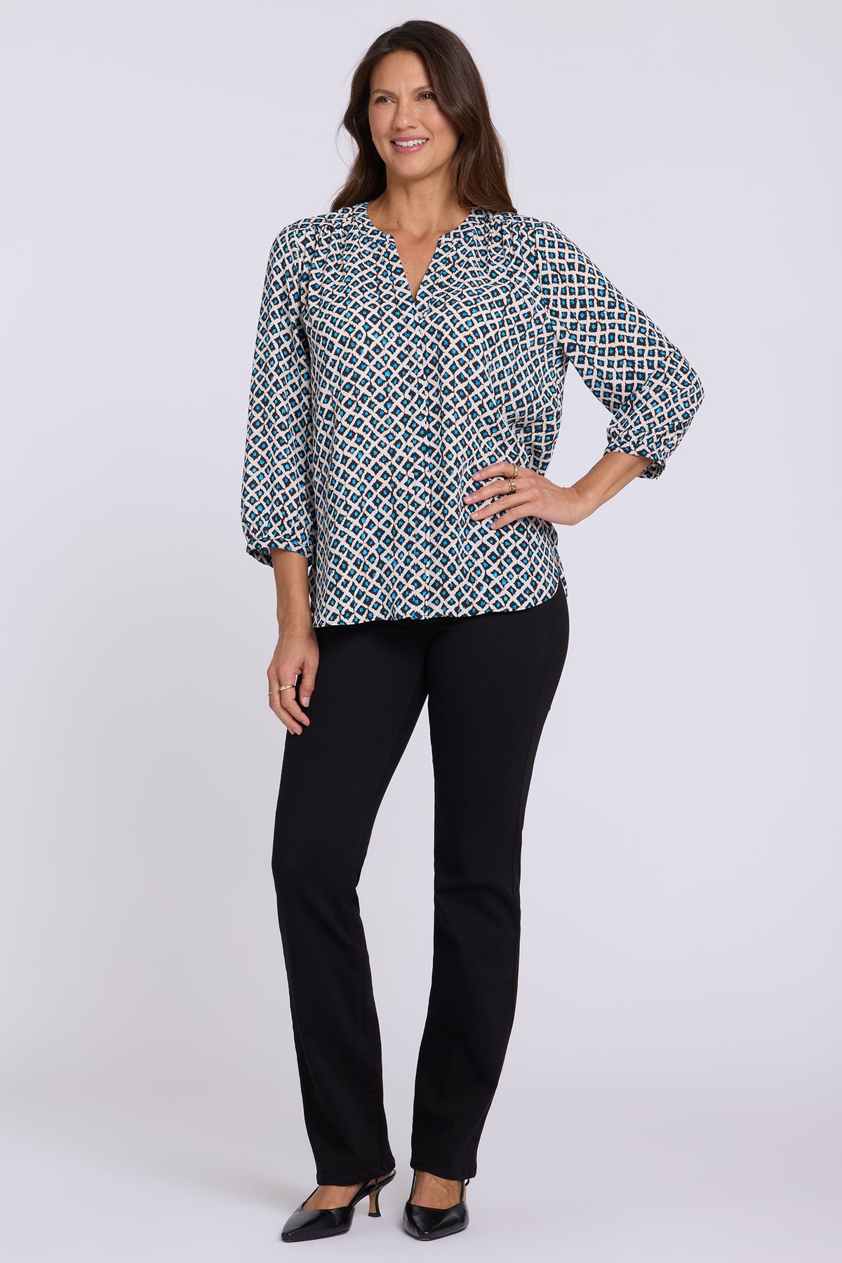 NYDJ Pintuck Blouse  - Lattice Geo Blue Bay