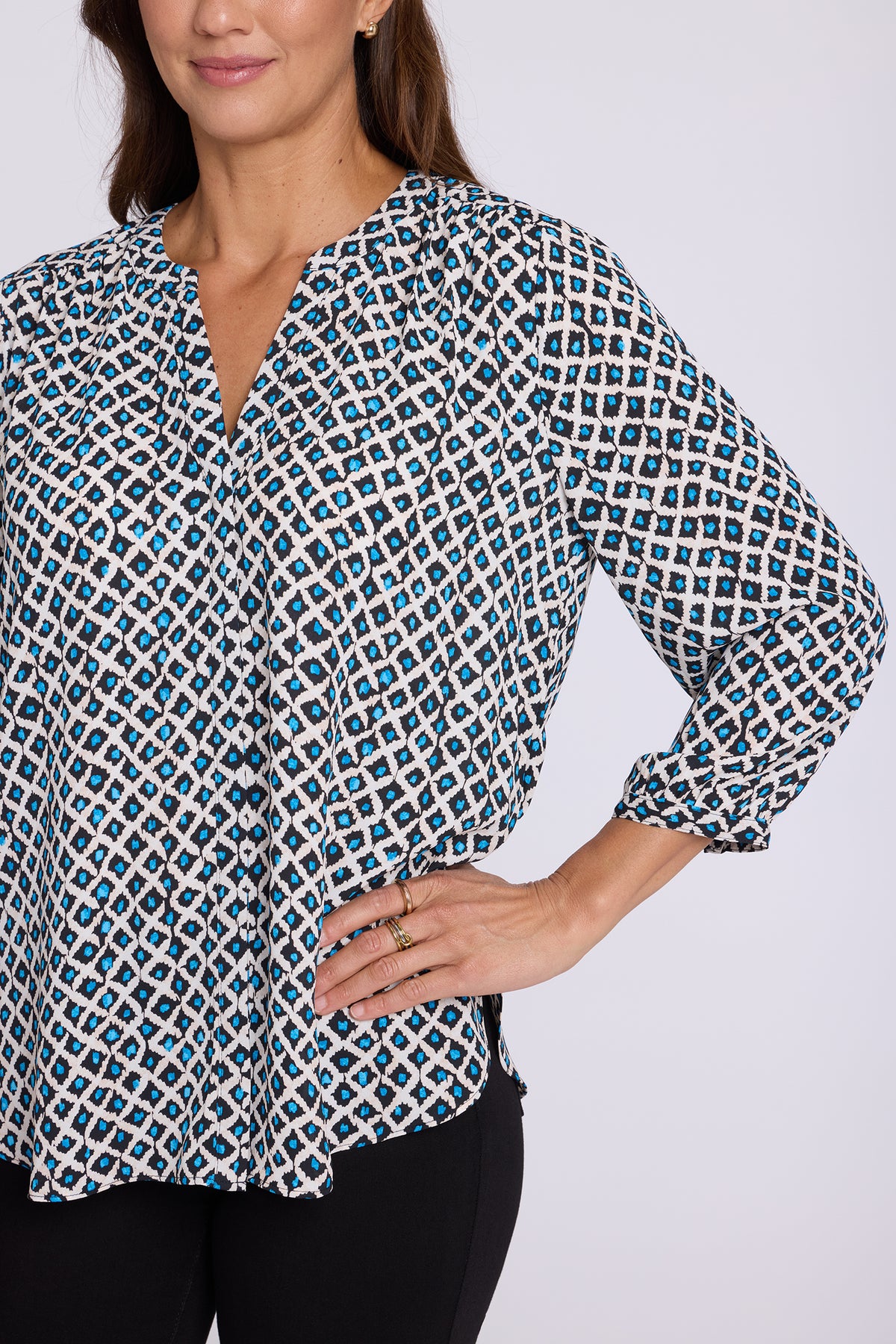 NYDJ Pintuck Blouse  - Lattice Geo Blue Bay