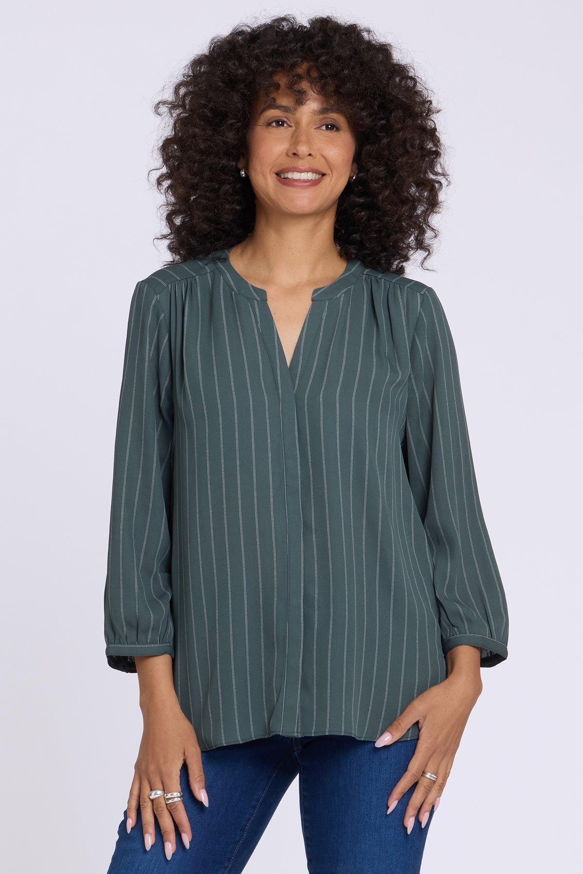Pintuck Blouse - Blurred Stripe Olive