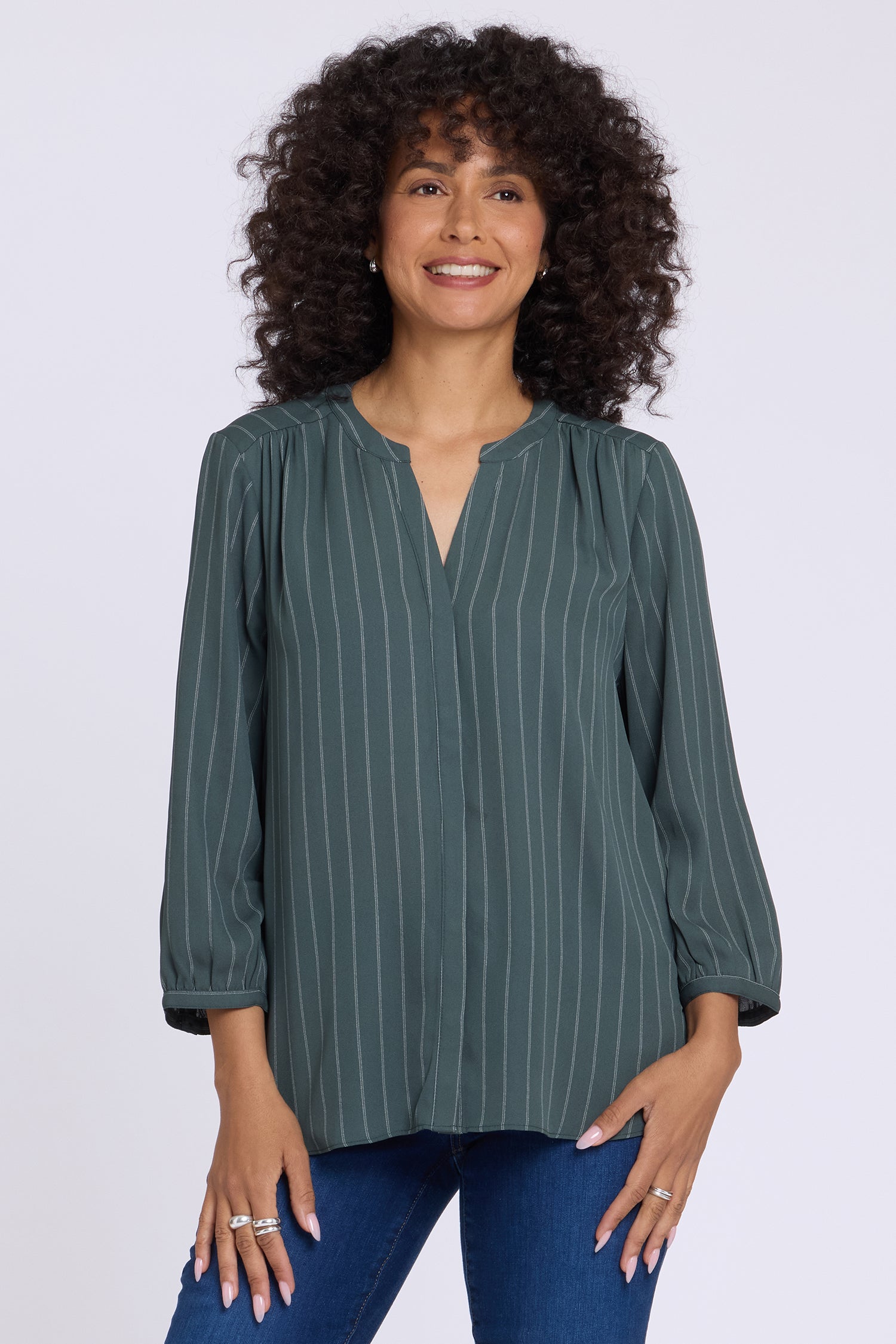 NYDJ Pintuck Blouse  - Blurred Stripe Olive
