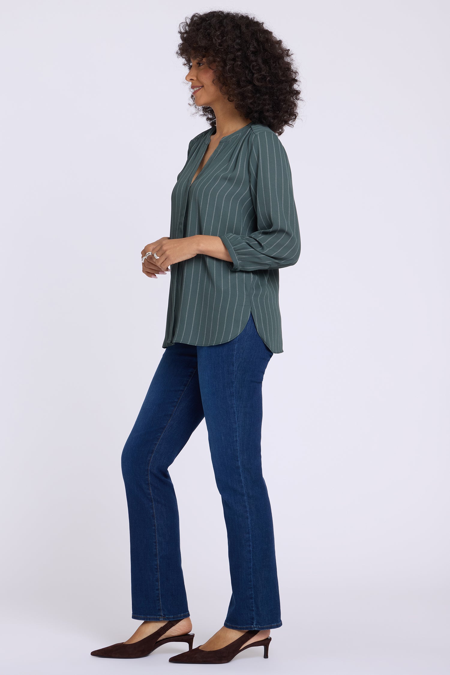NYDJ Pintuck Blouse  - Blurred Stripe Olive