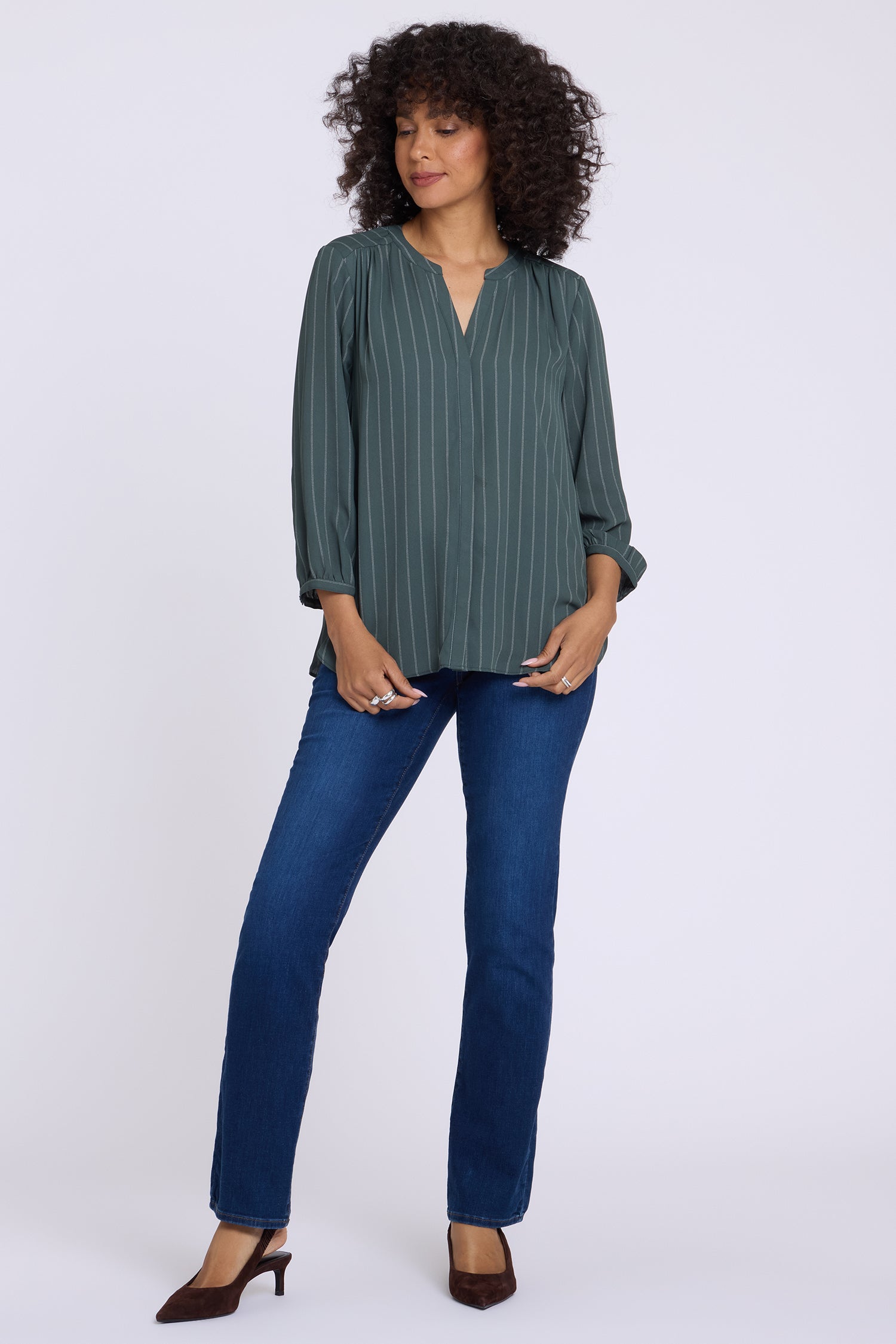 NYDJ Pintuck Blouse  - Blurred Stripe Olive